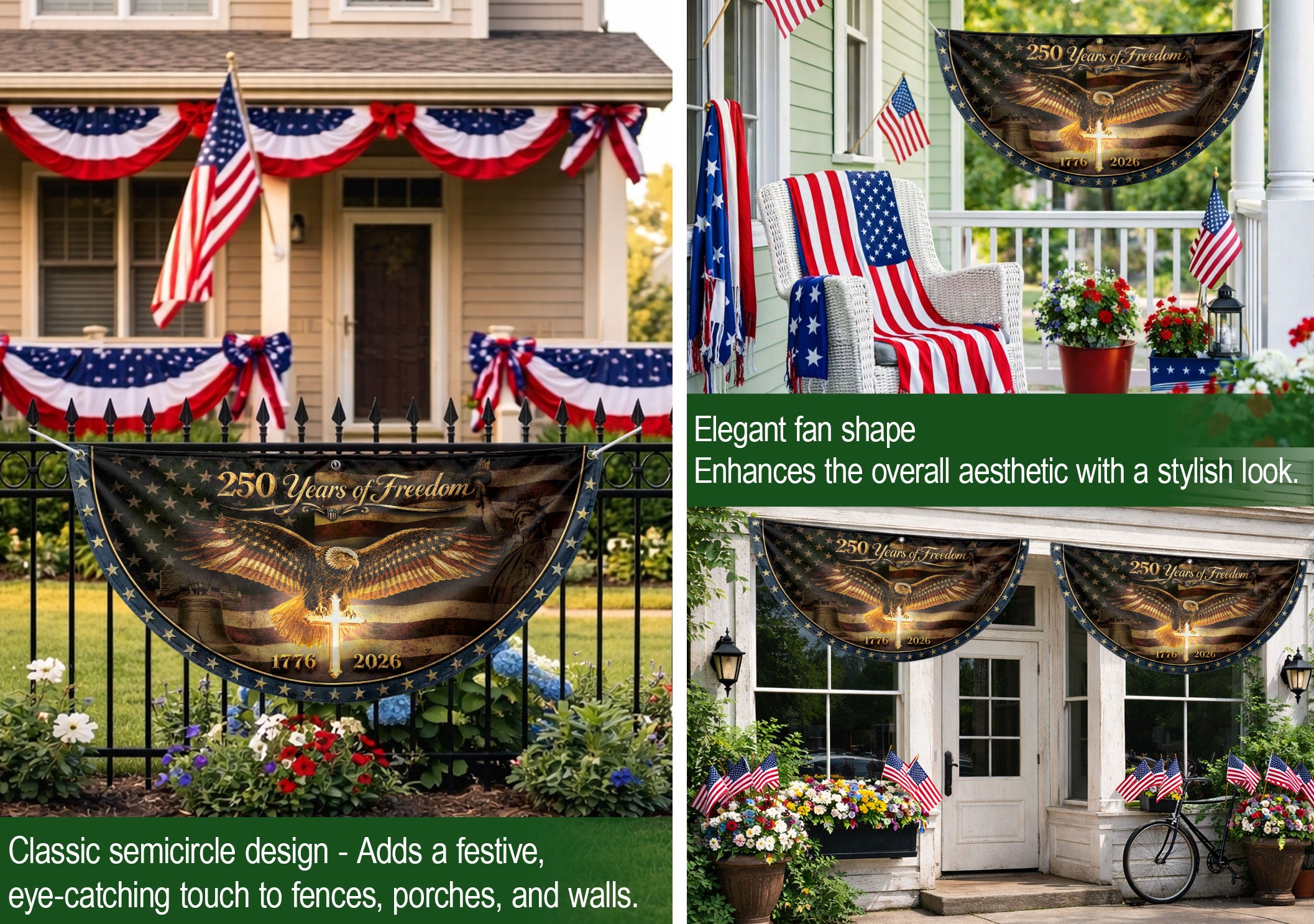 250 Years of Freedom Fence Flag 1776 2026 American Eagle Cross Patriotic Bunting Banner