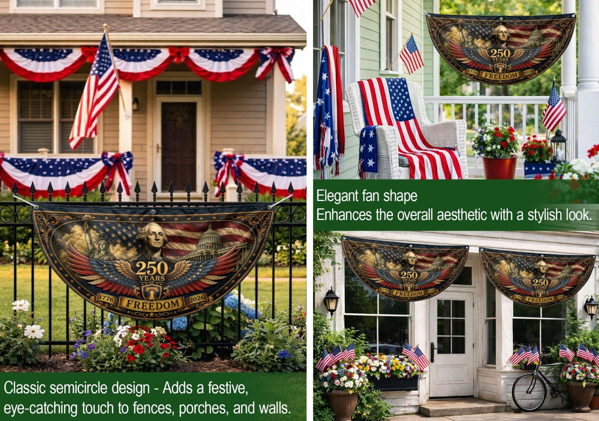 1776-2026 George Washington Fence Flag 250 Years of Freedom Patriotic Pleated Bunting - Rust Field Wear