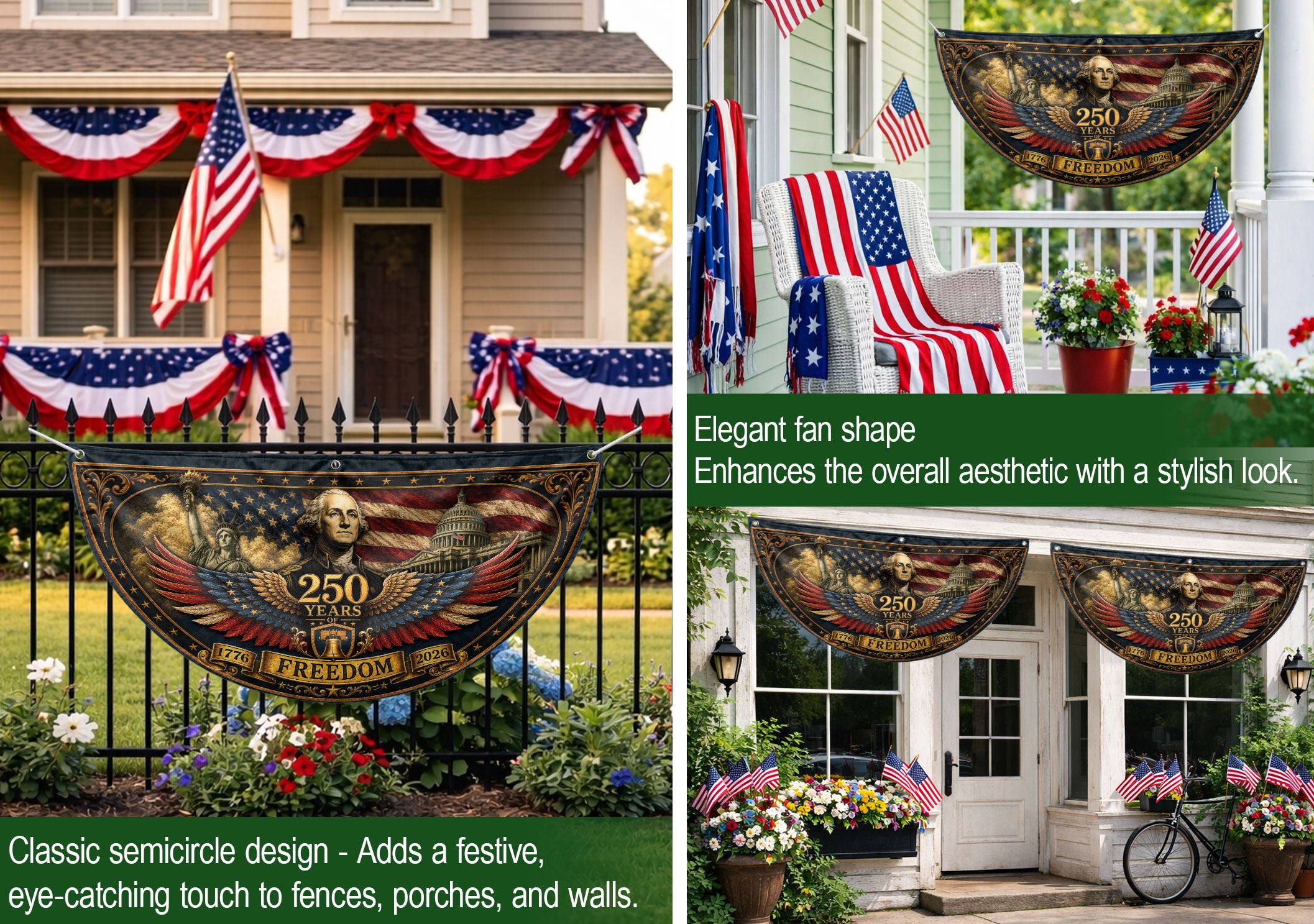 1776-2026 George Washington Fence Flag 250 Years of Freedom Patriotic Pleated Bunting