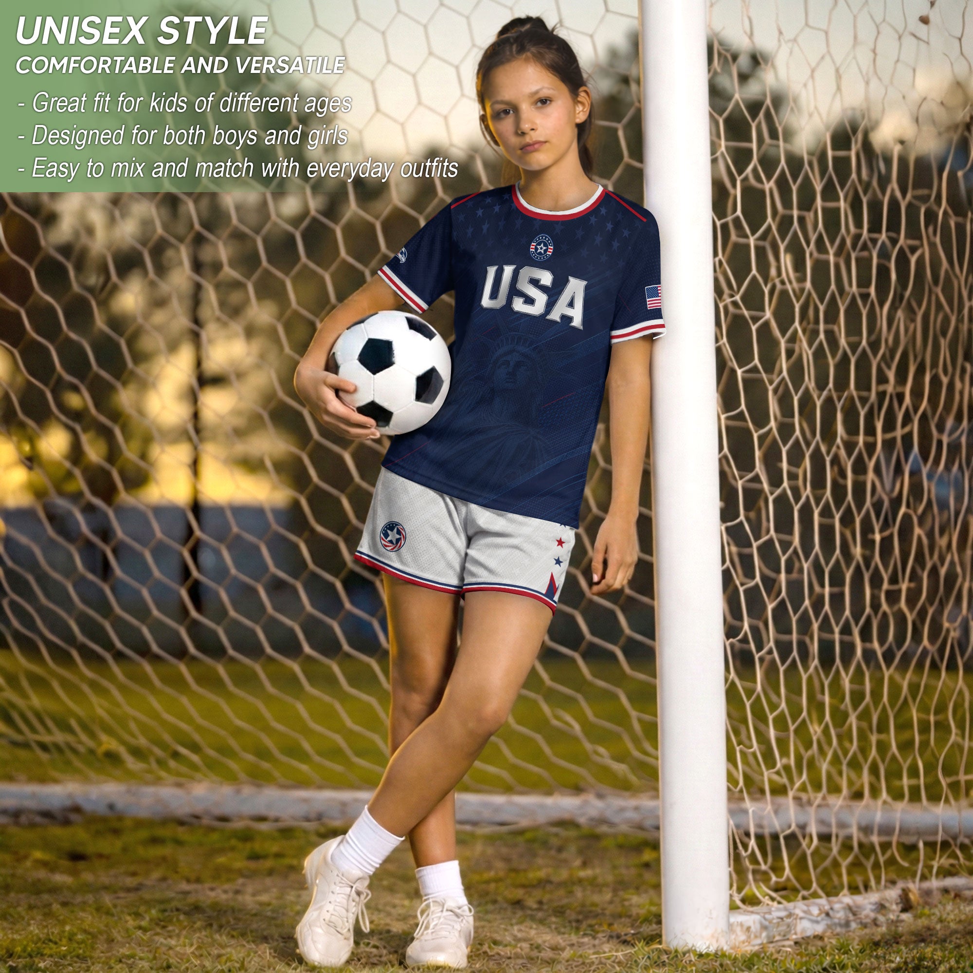 USA Kids Soccer Jersey Set Navy Blue Eagle Shield Youth Football Kit