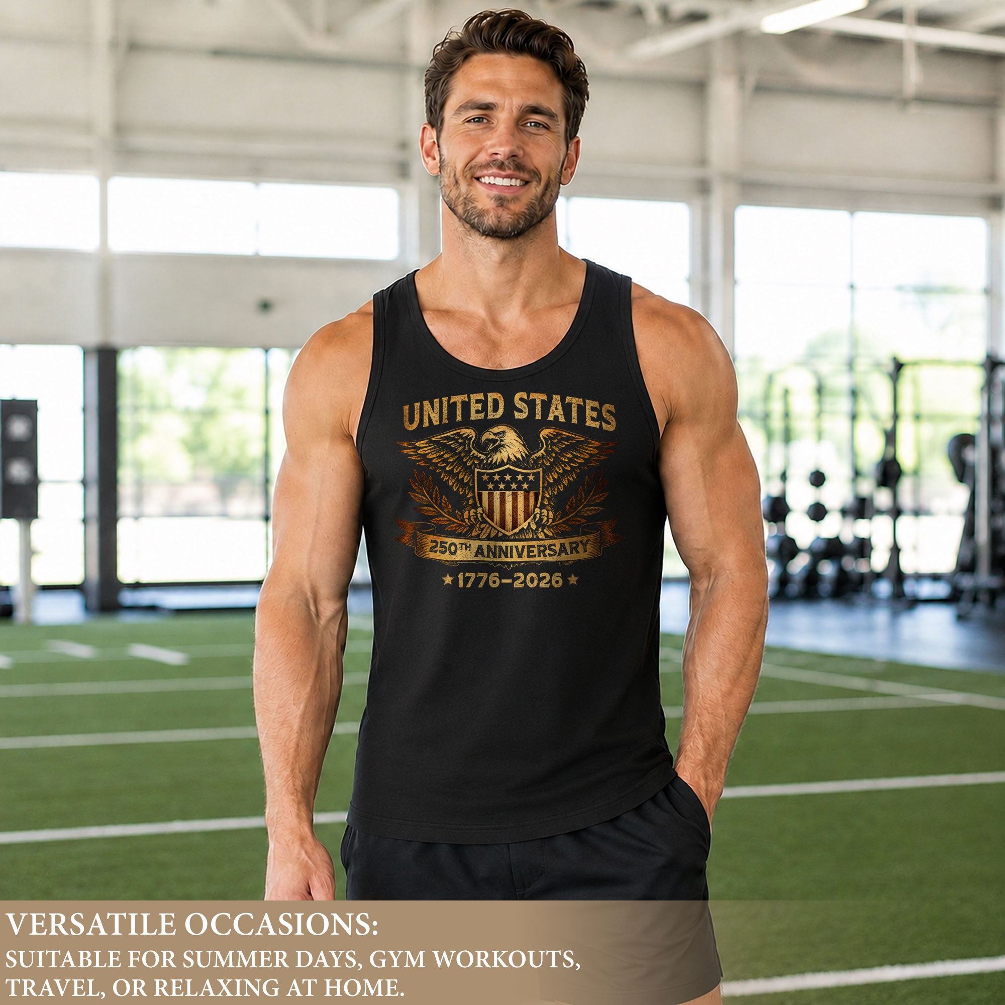 USA 1776-2026 Mens Tank Top Patriotic 250th Anniversary Golden Eagle Shield