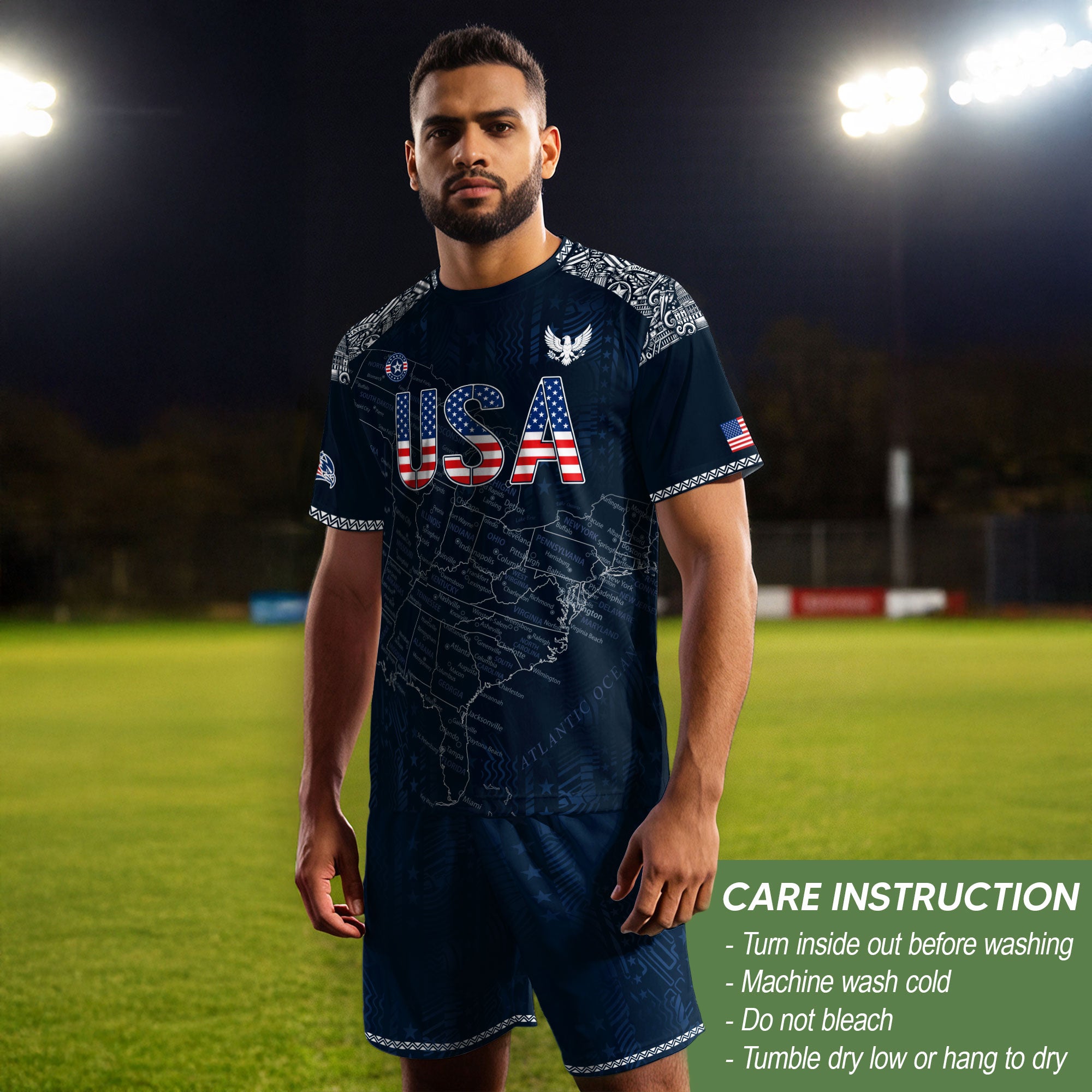 Navy USA Soccer Jersey Flag Pattern US Map American Shirt Patriotic Stars Stripes