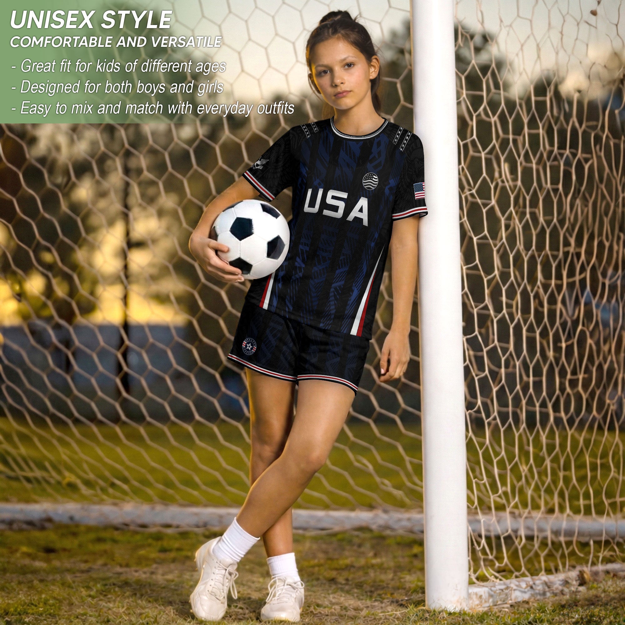 USA Kids Soccer Jersey Set Black Navy Eagle Crest Youth Football Kit