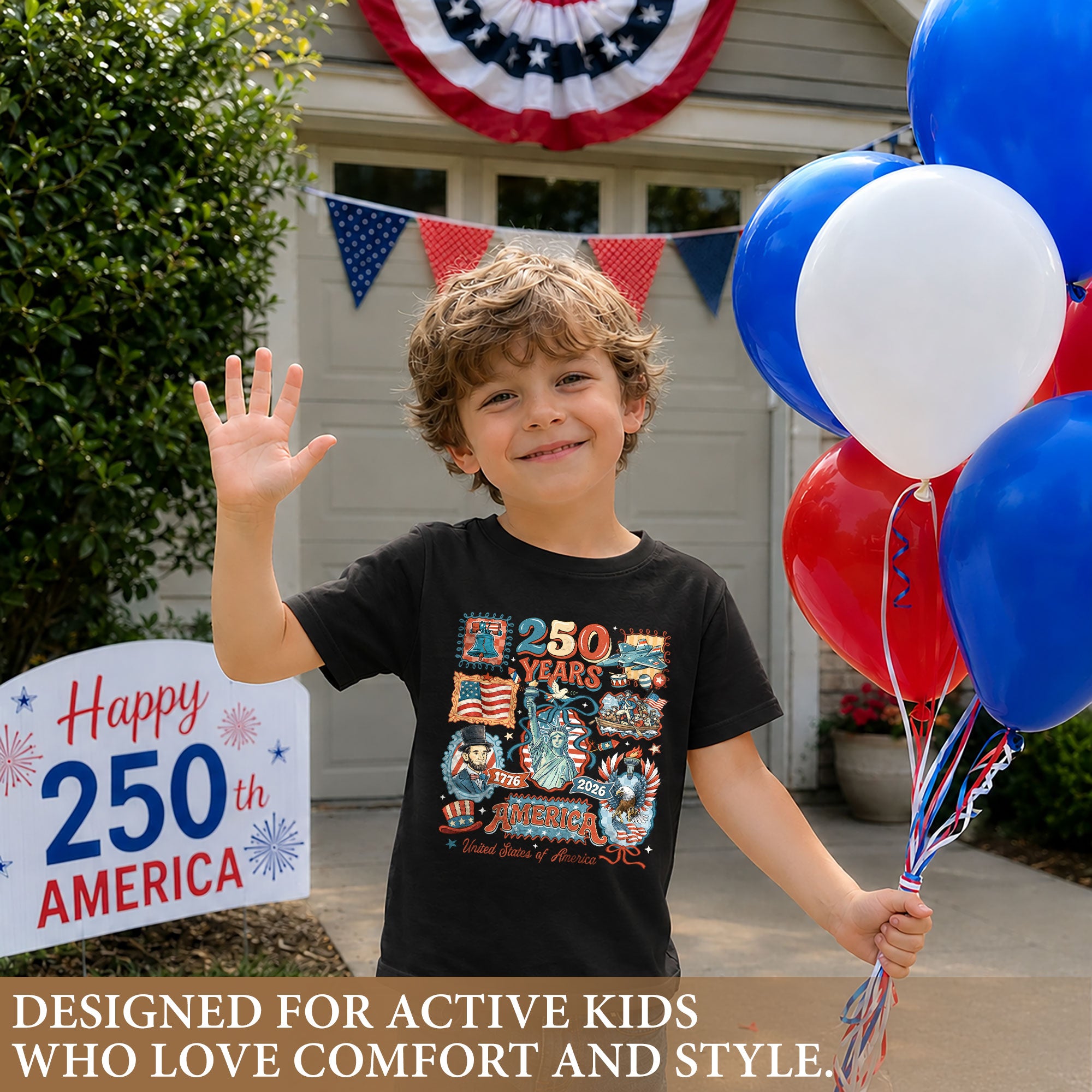 Kids T Shirt Patriotic 250 Years Eagle US Flag History 1776-2026 Independence Day Tee