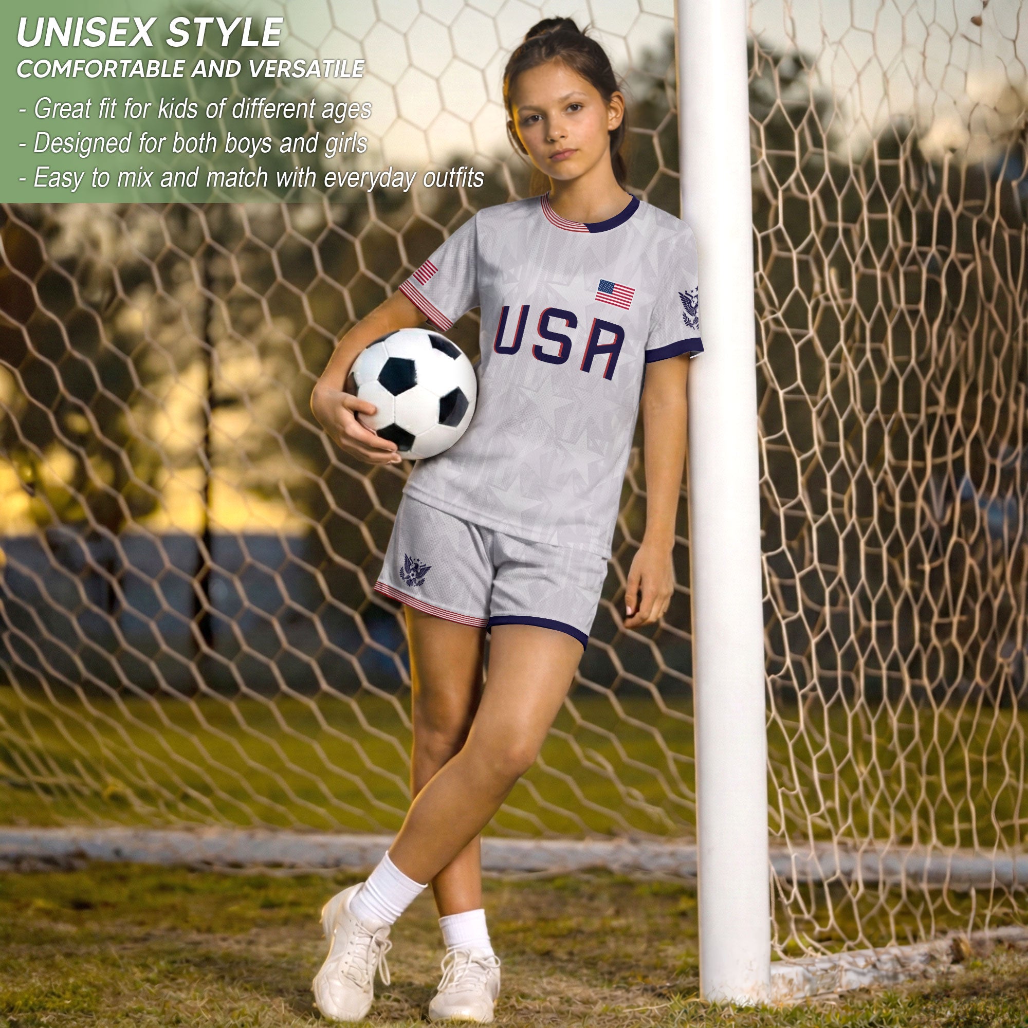 USA Kids Soccer Jersey Youth White Patriotic Stars Eagle Graphic Football Shirt