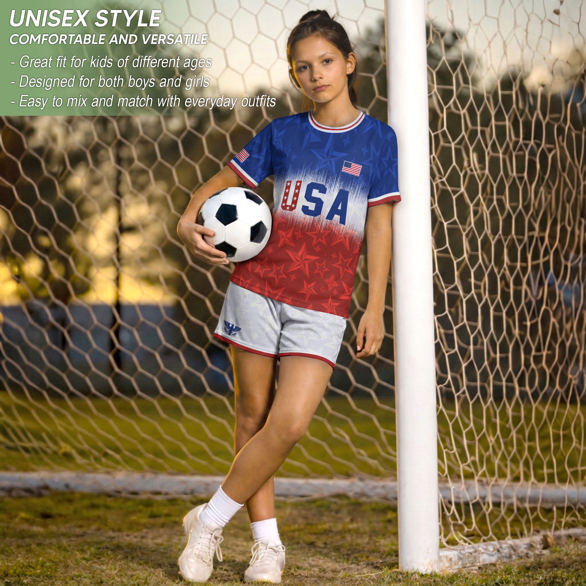 USA Kids Soccer Jersey Youth Blue White Red Tie Dye Stars Patriotic Football Shirt