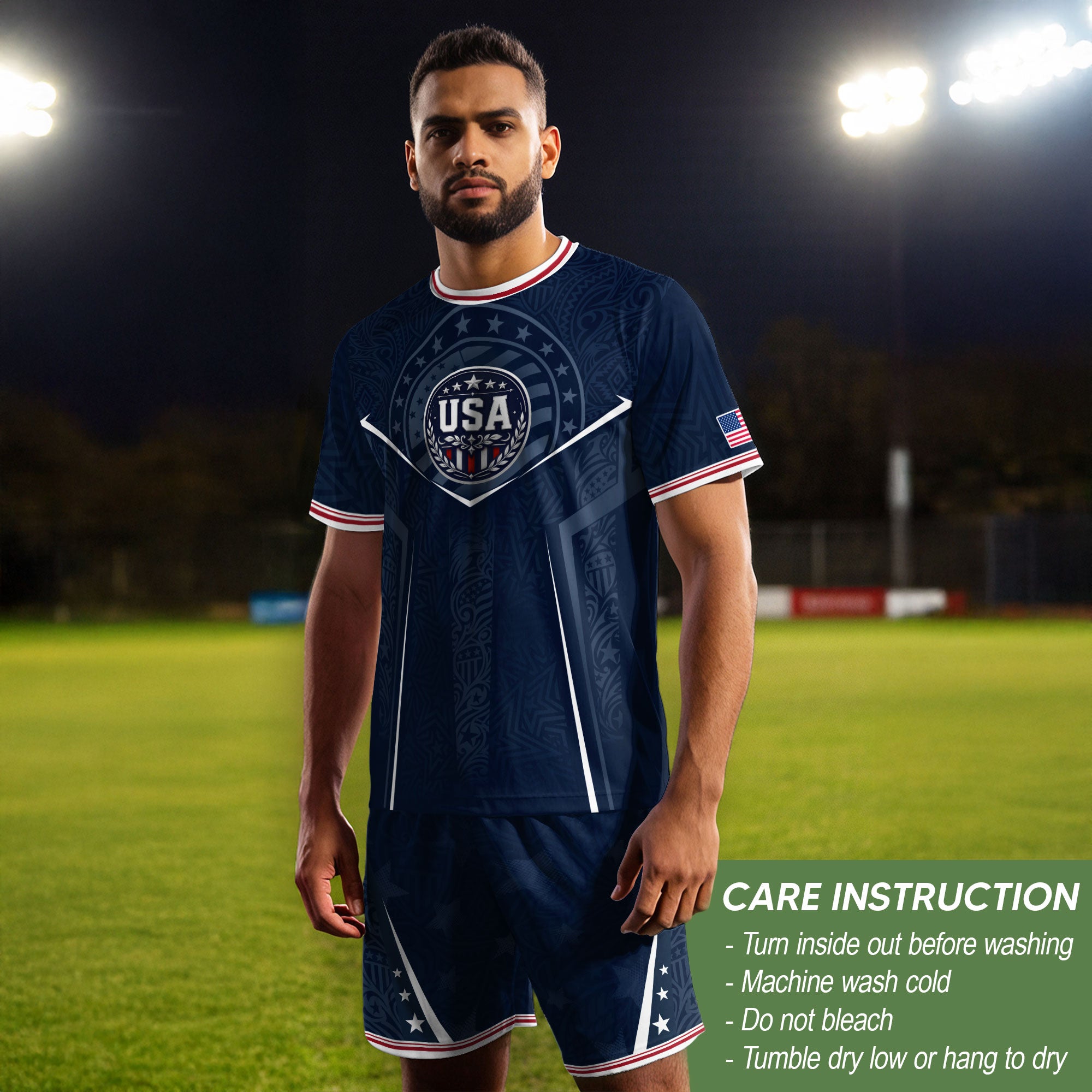 USA Soccer Jersey Navy Blue American Flag Shirt Patriotic Eagle Shield Fan Tee