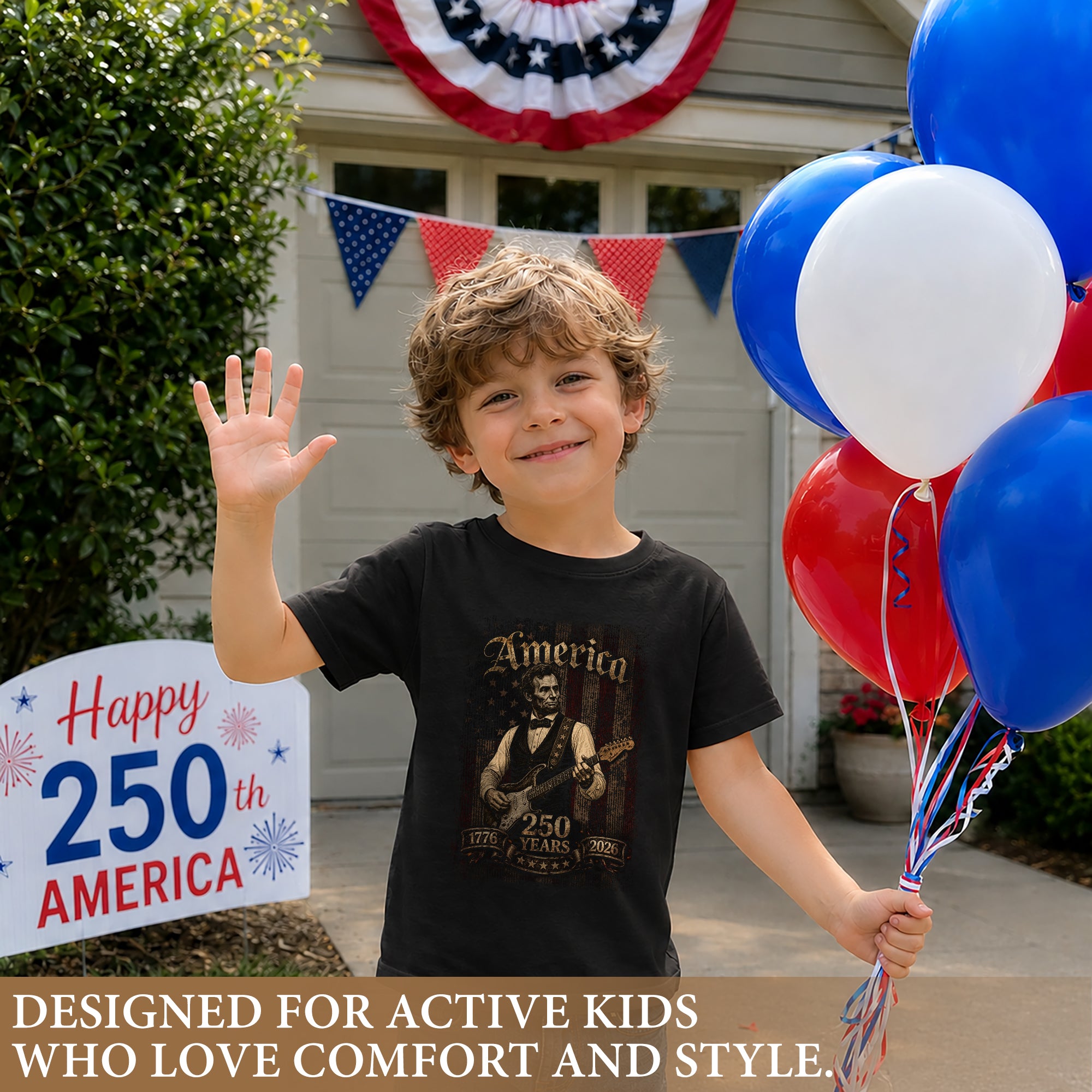 T-Shirt Kid Abraham Lincoln Guitar 1776-2026 Patriotic America 250 Years Youth Top