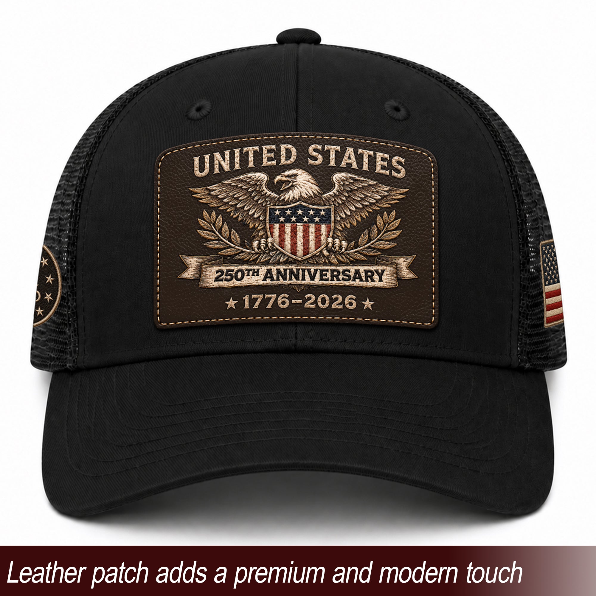 US 250th Anniversary Trucker Hat Vintage American Eagle Leather Patch Black Cap