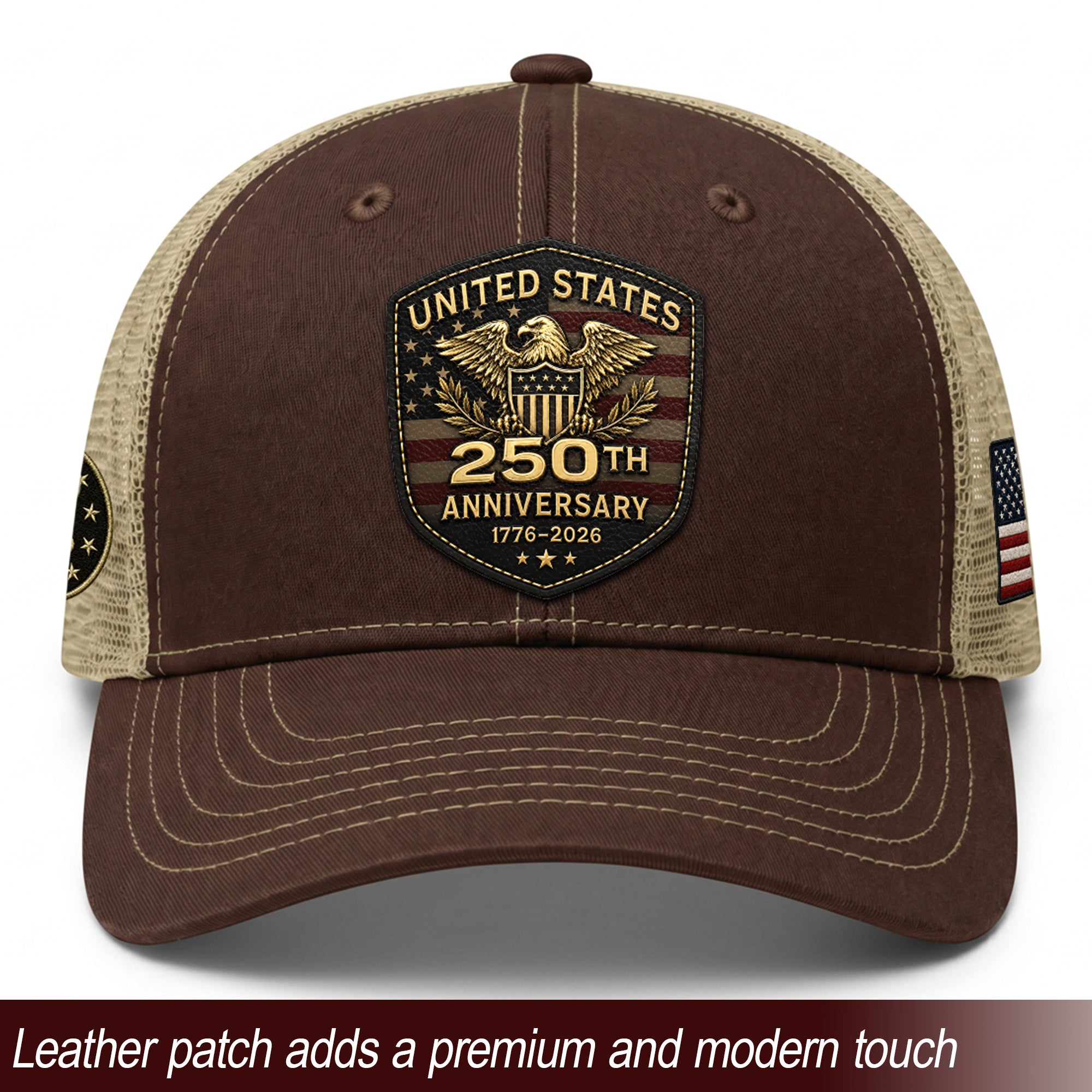 US 250th Anniversary Leather Patch Hat - Patriotic 1776-2026 American Flag Trucker Cap