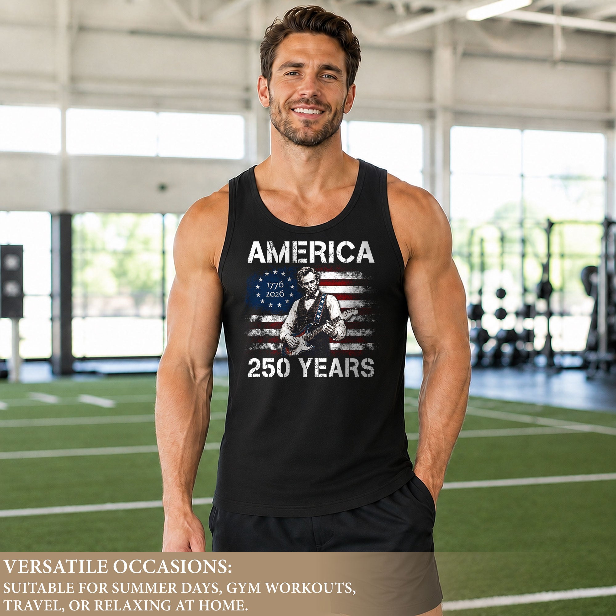 Retro Lincoln Guitar Flag Tank Top 1776-2026 Patriotic Vintage Men Graphic Sleeveless Shirt