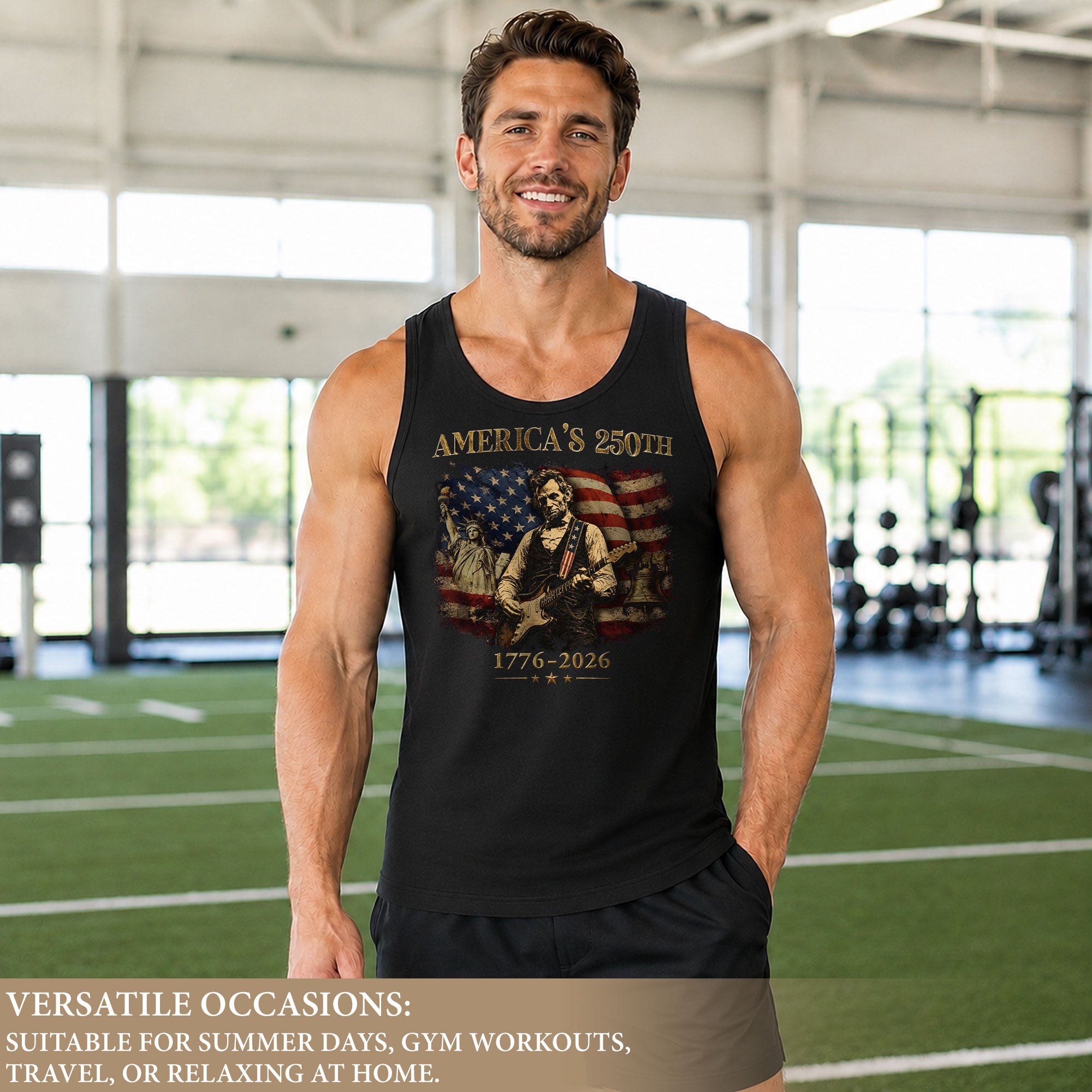 Lincoln Liberty Statue Guitar Tank Top 1776-2026 Patriotic Vintage Men Graphic Gym Shirt