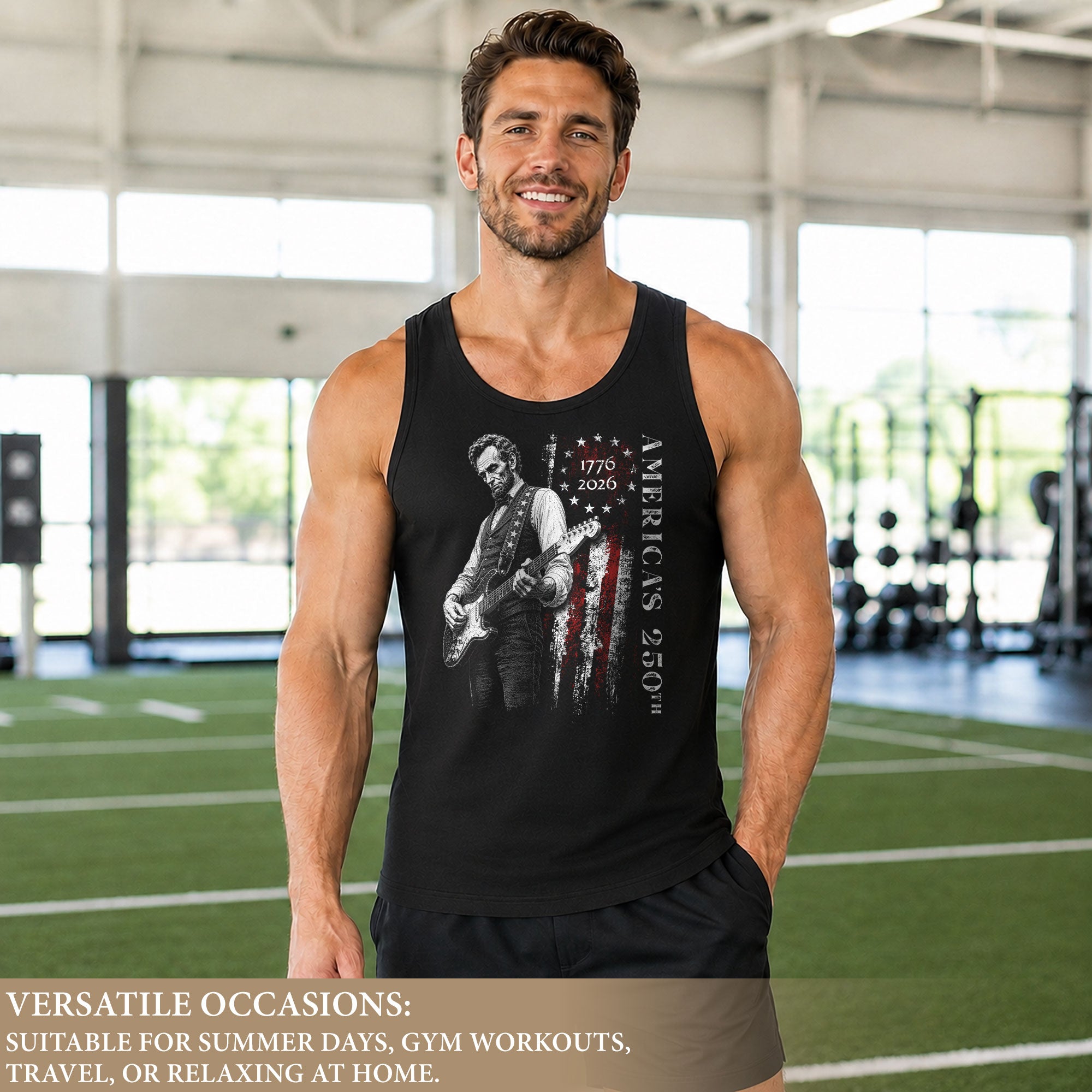 Vertical Flag Lincoln Guitar Tank Top 1776-2026 Patriotic Vintage Men Graphic Gym Shirt