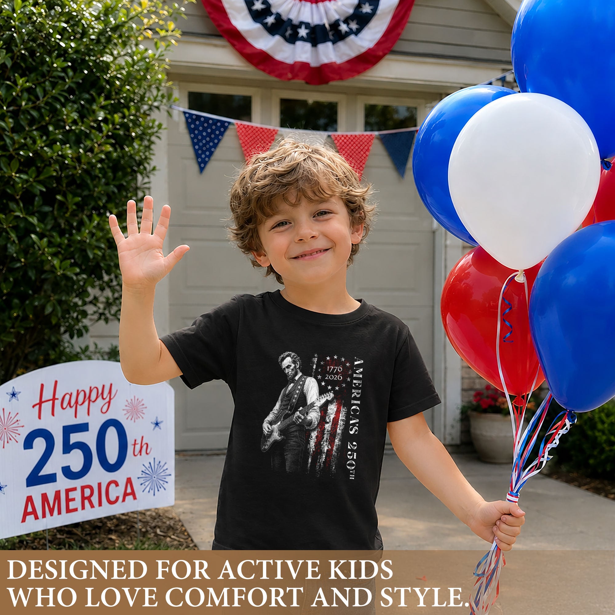 America's 250th Anniversary Kids Shirt 1776–2026 Lincoln Guitar Freedom Tee