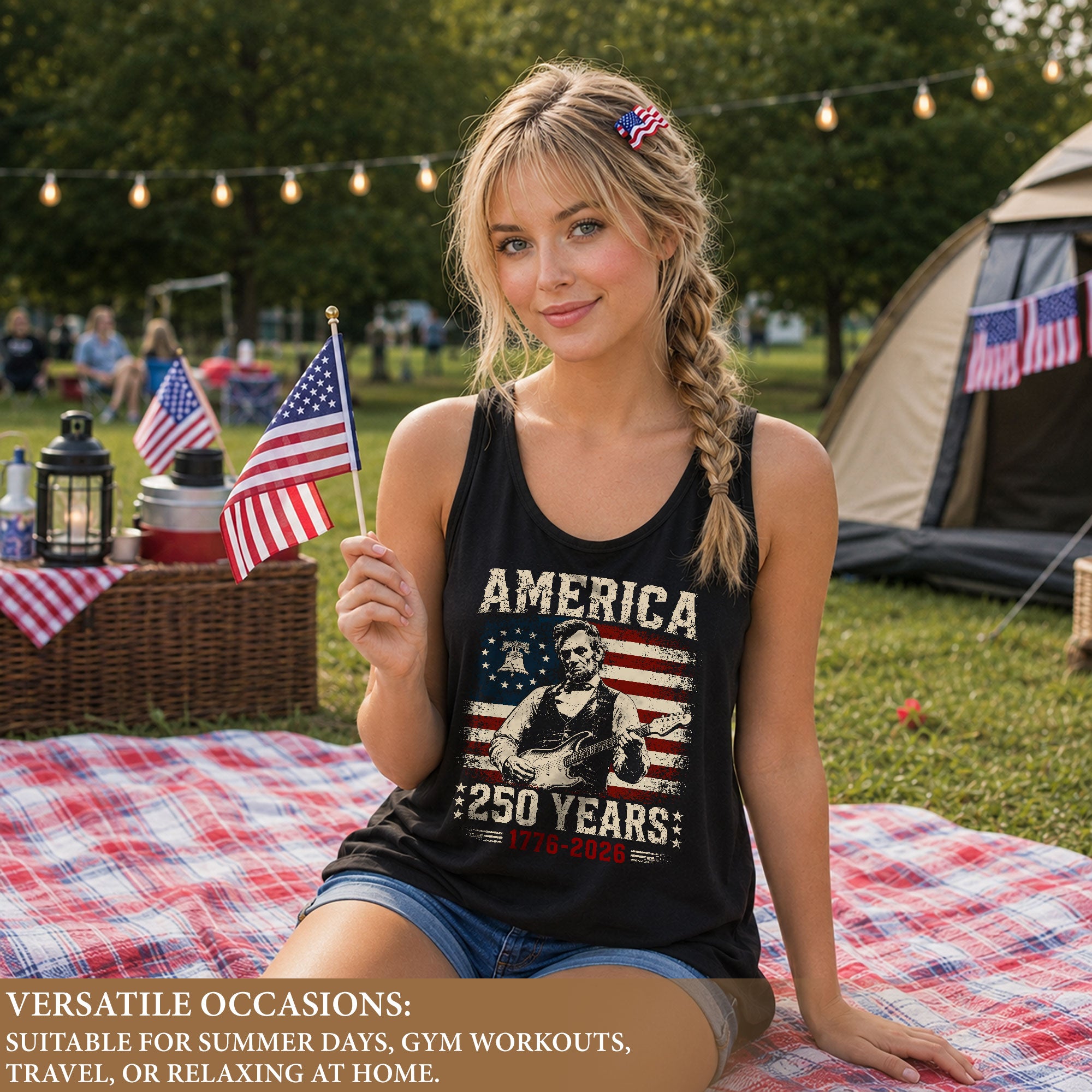 Women Tank Top Patriotic 1776-2026 America 250 Years Abraham Lincoln Guitar Freedom Sleeveless