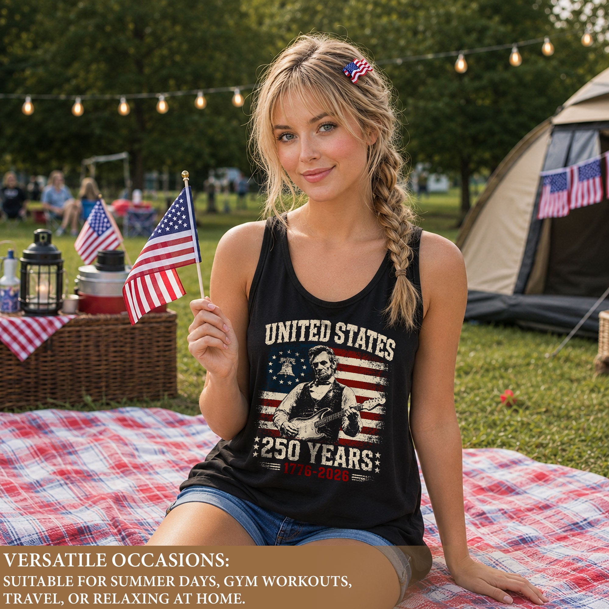 Women Tank Top Patriotic 1776-2026 America 250 Years Abraham Lincoln Guitar Freedom Sleeveless