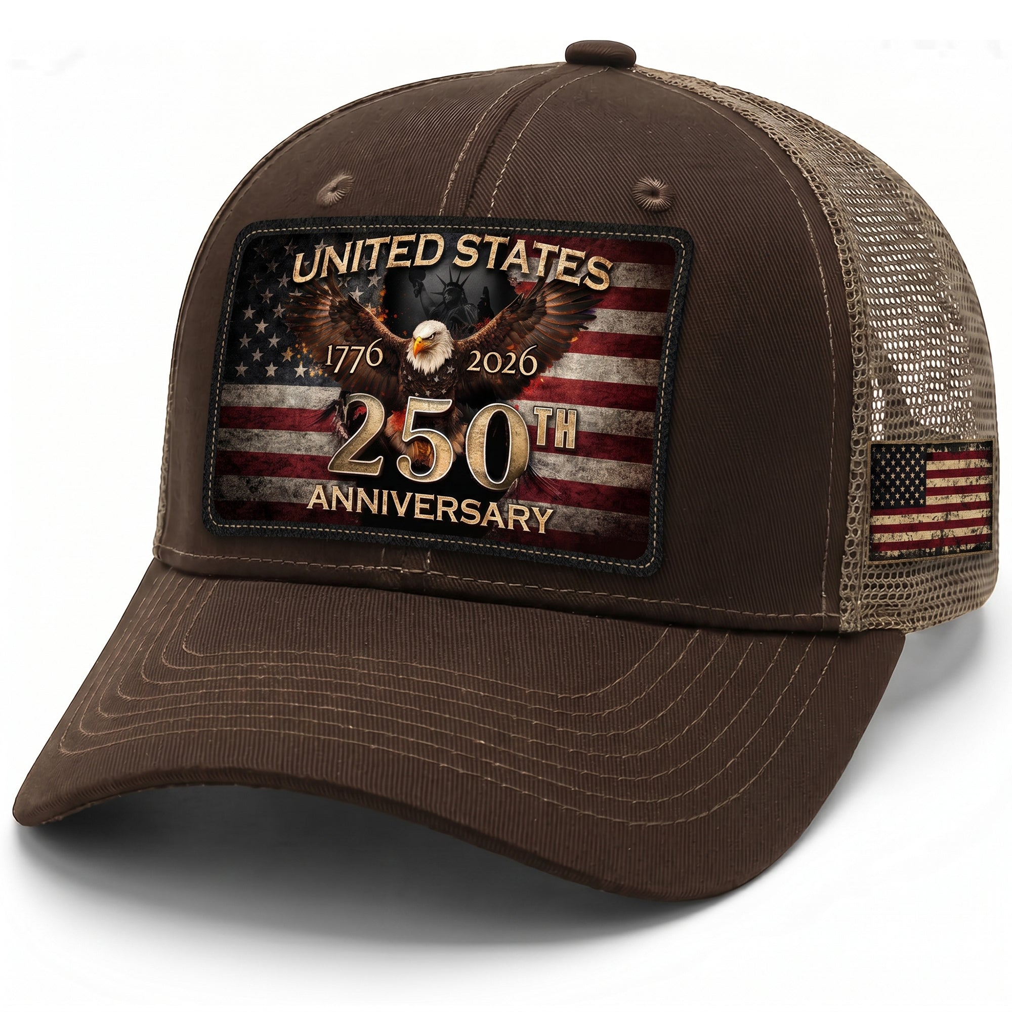 1776-2026 USA Commemorative Leather Patch Trucker Hat Majestic Eagle Mesh Back Cap