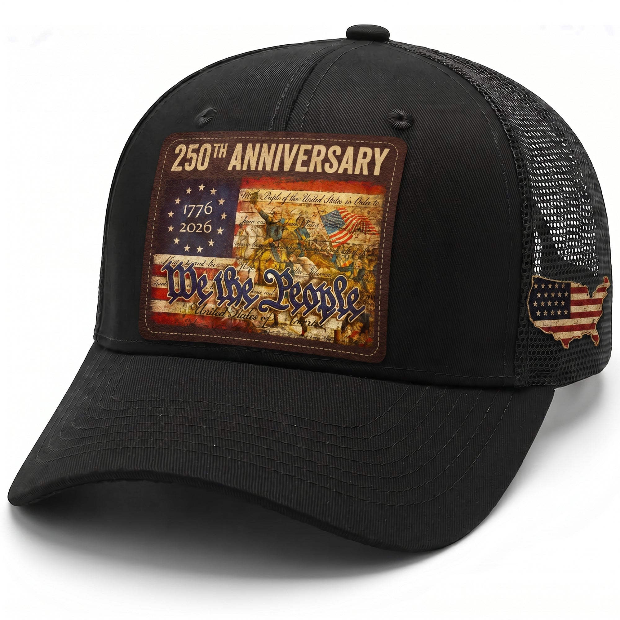 USA 250th Anniversary We The People Leather Patch Trucker Hat Patriotic Mesh Cap