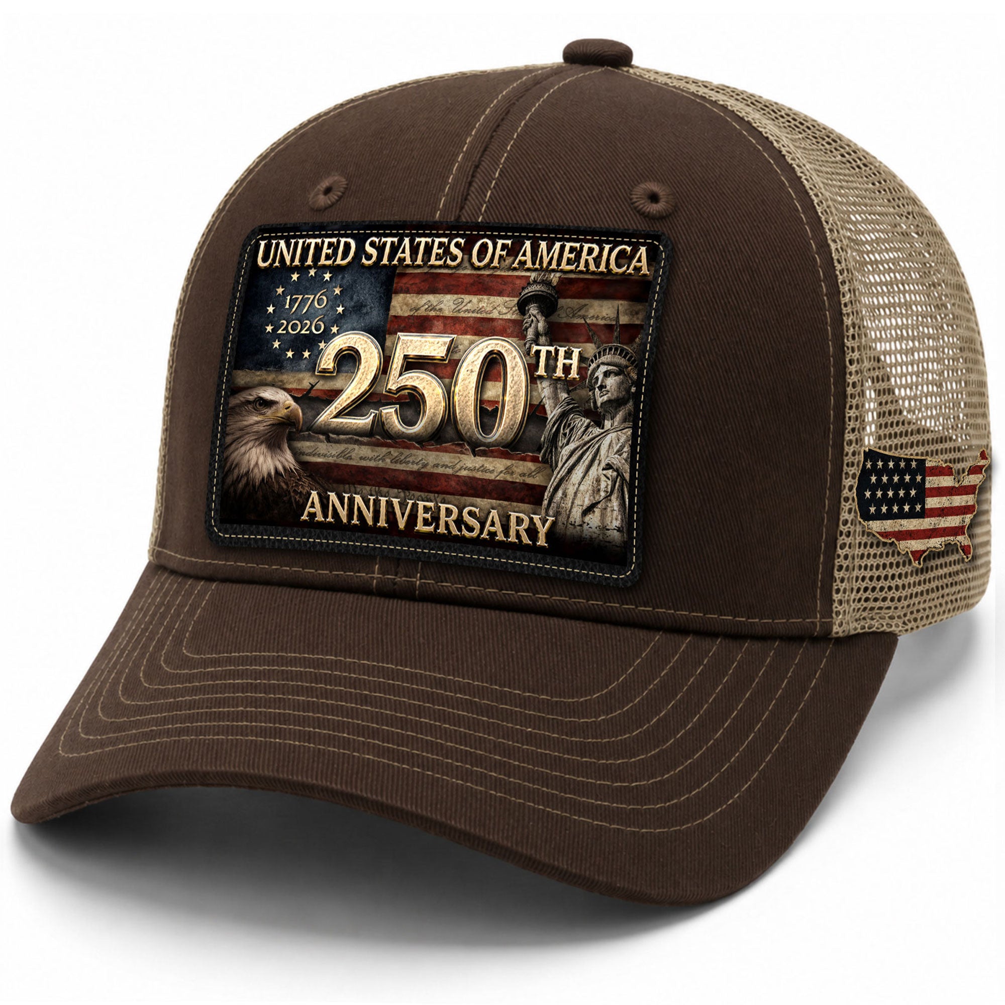 USA 250th Anniversary Leather Patch Trucker Hat Eagle & Statue of Liberty Mesh Cap