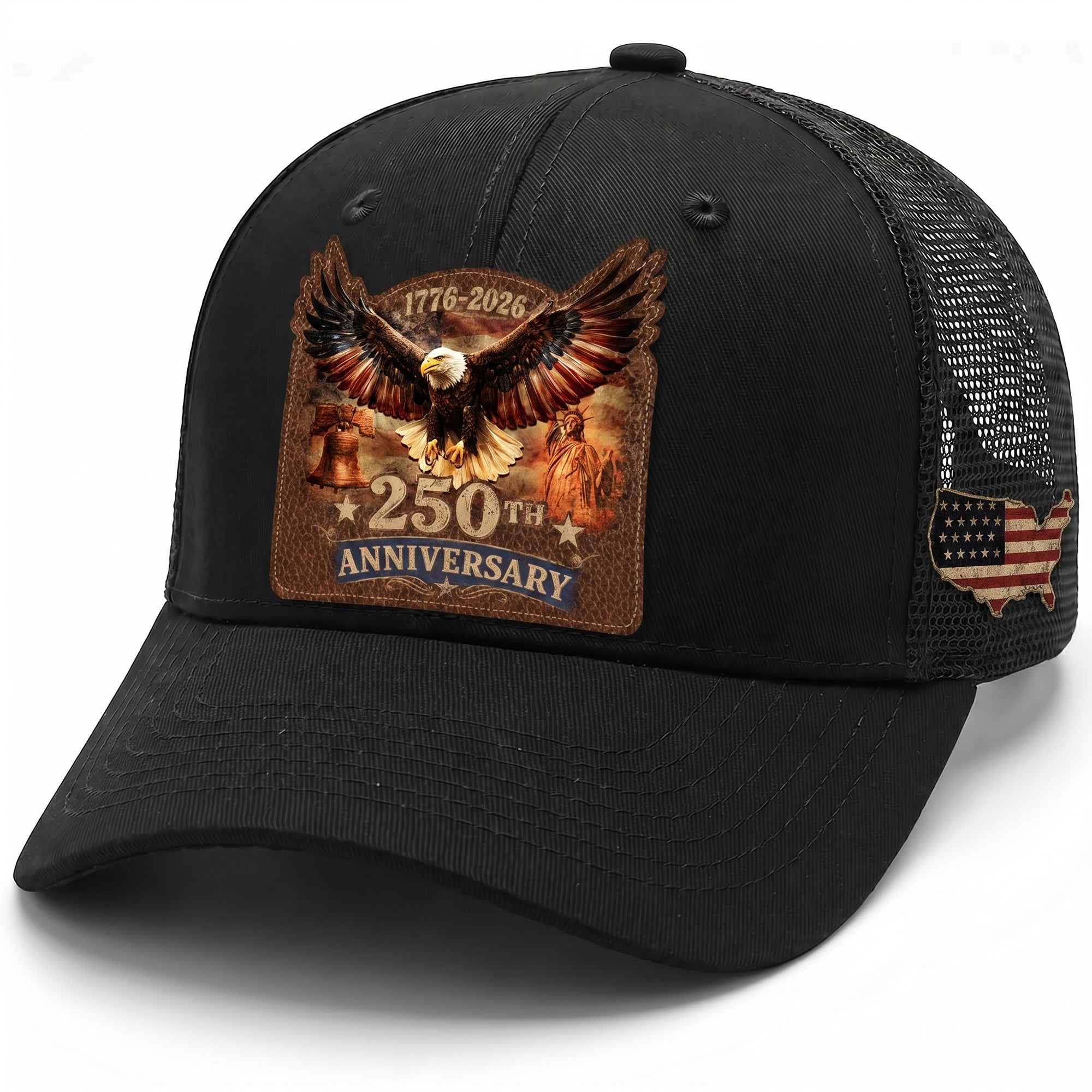 1776-2026 USA Heritage Leather Patch Trucker Cap Patriotic Eagle & Liberty Bell Hat