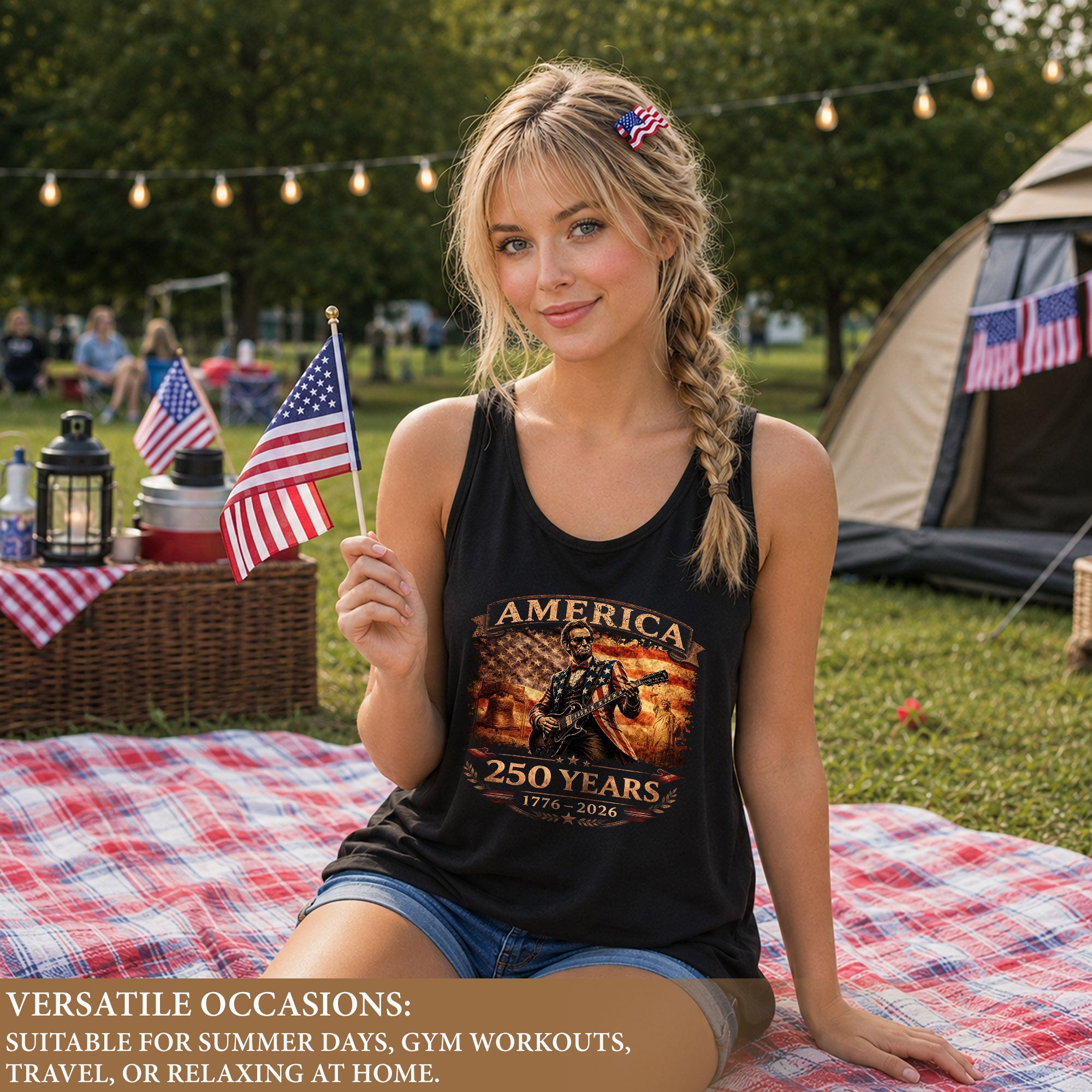 250 Years Tank Top Women America Lincoln Guitar Flag Patriotic Liberty 1776-2026 Shirt