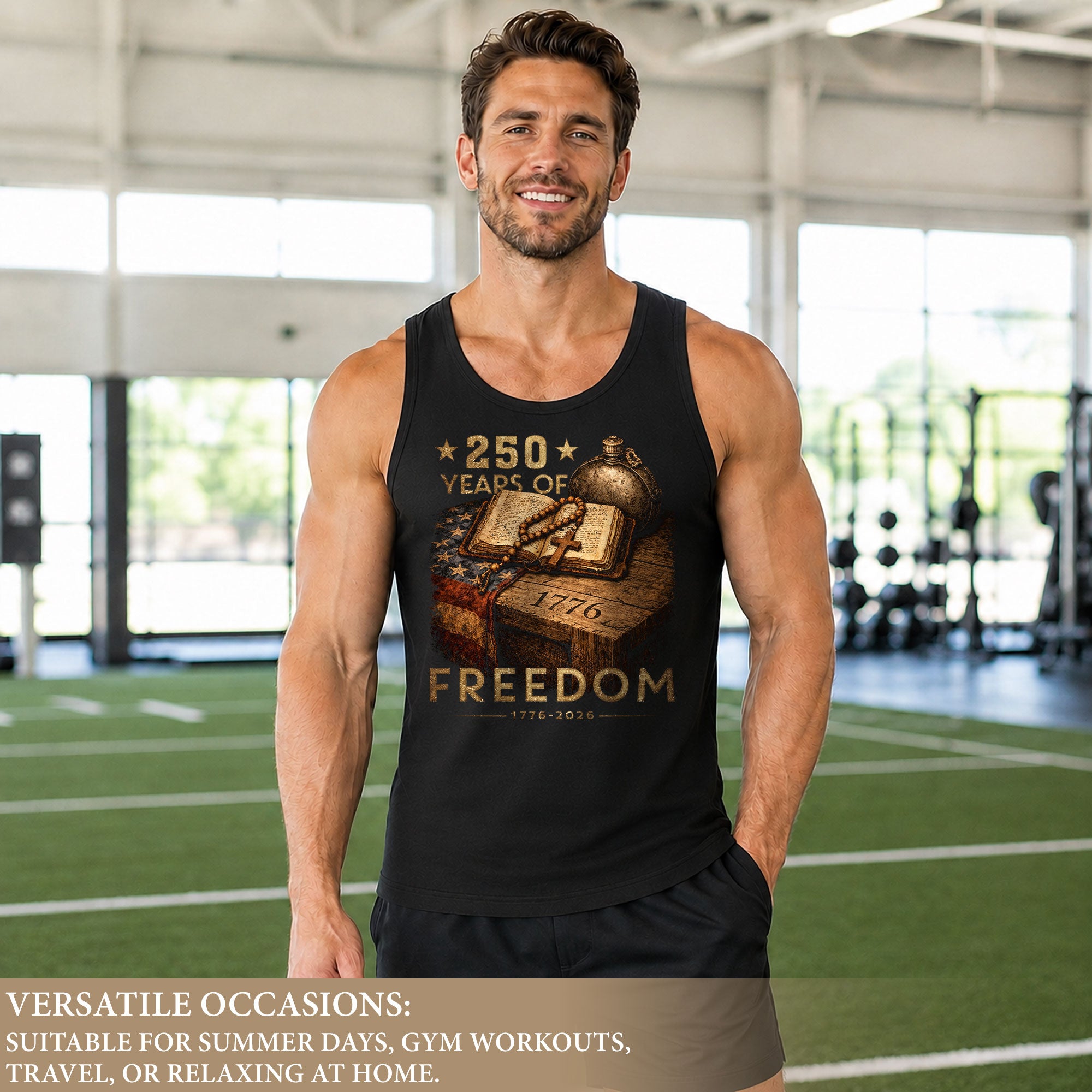 Tank Top Men Patriotic Bible Cross 1776-2026 250 Years Of Freedom Christian Summer Vest