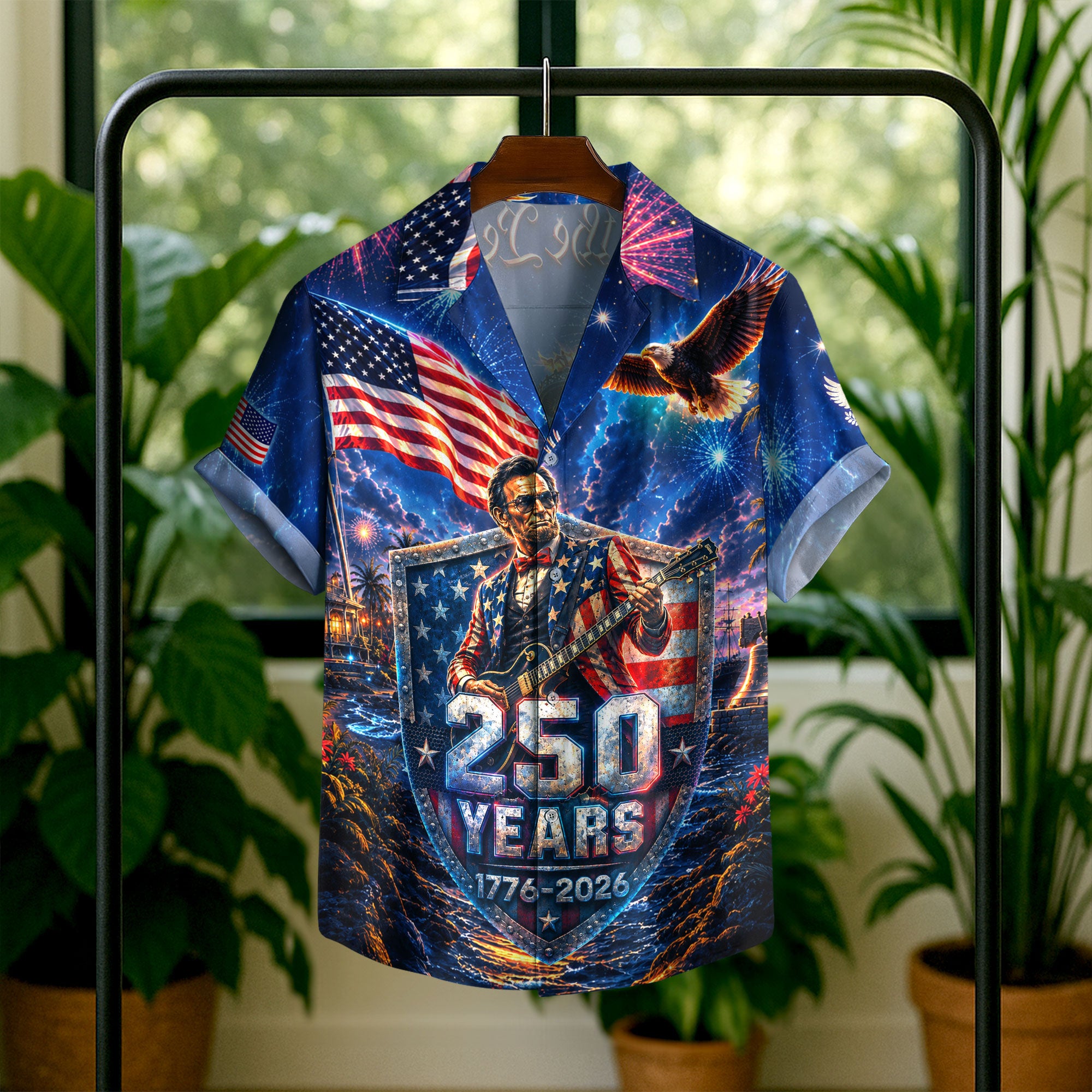 Hawaiian Shirt Patriotic 250th Anniversary Abraham Lincoln Eagle Fireworks