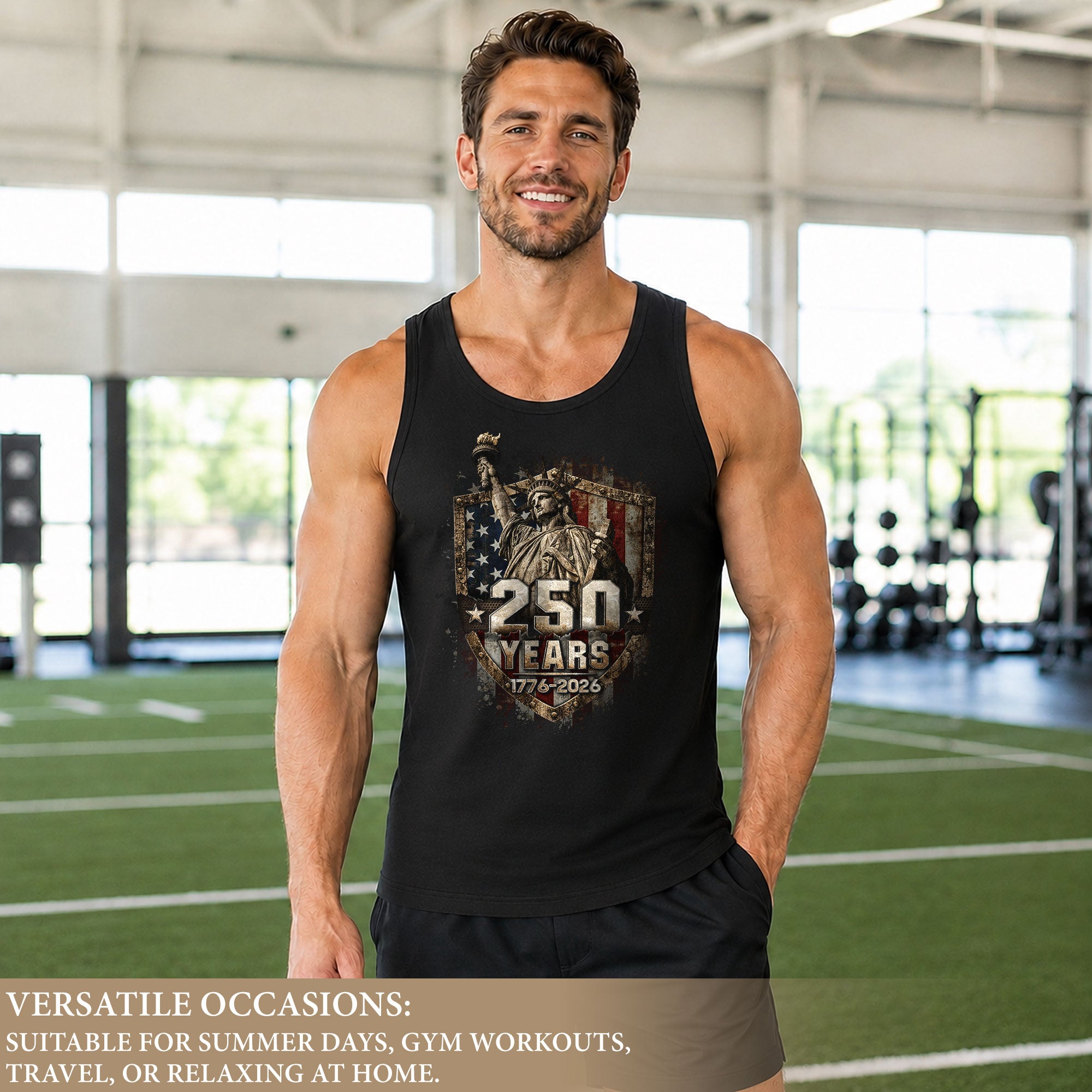 Statue of Liberty Shield Tank Top 1776-2026 Patriotic Retro Men Graphic Sleeveless Shirt
