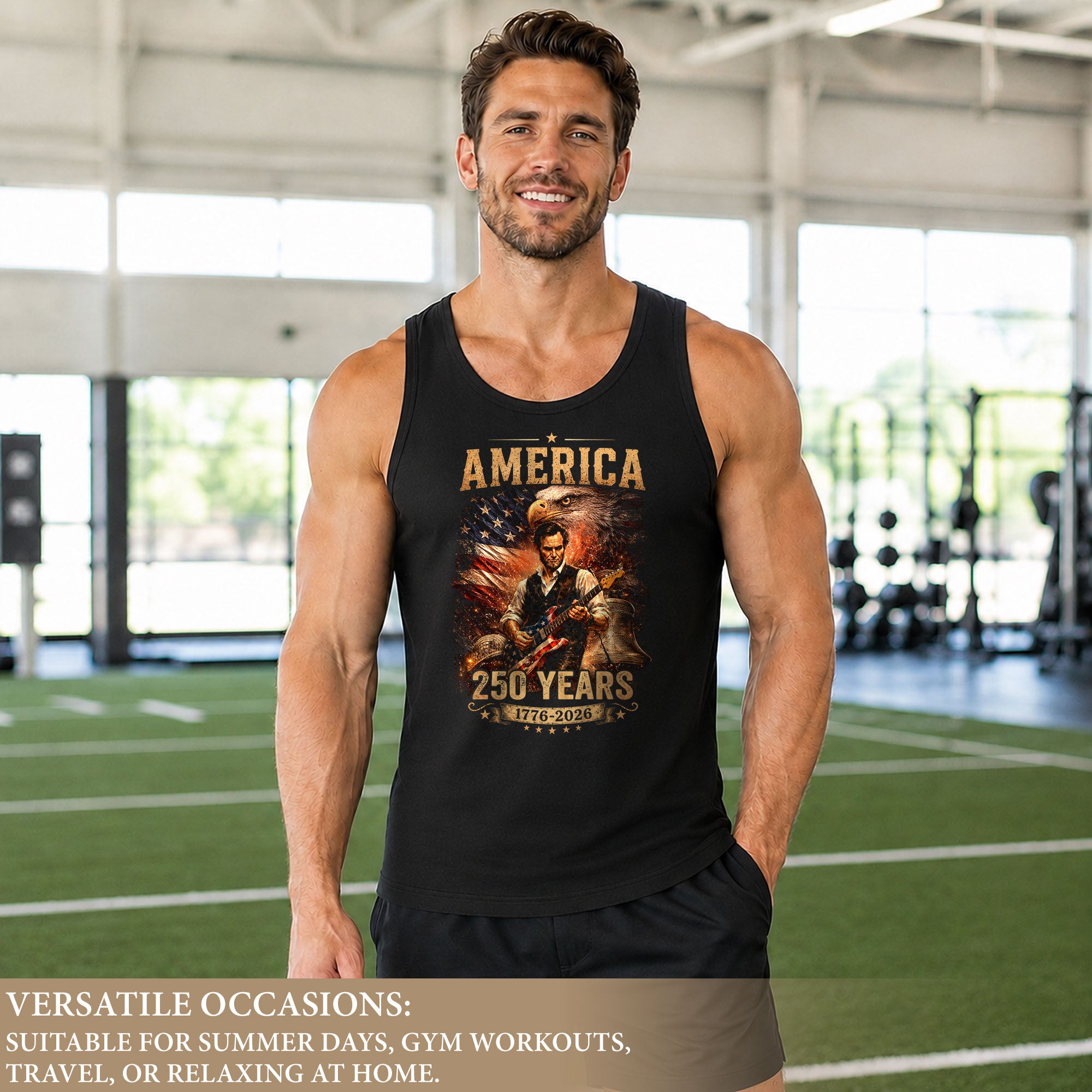 Eagle Abraham Lincoln Guitar Tank Top 1776-2026 Patriotic Vintage Men Graphic Gym Shirt