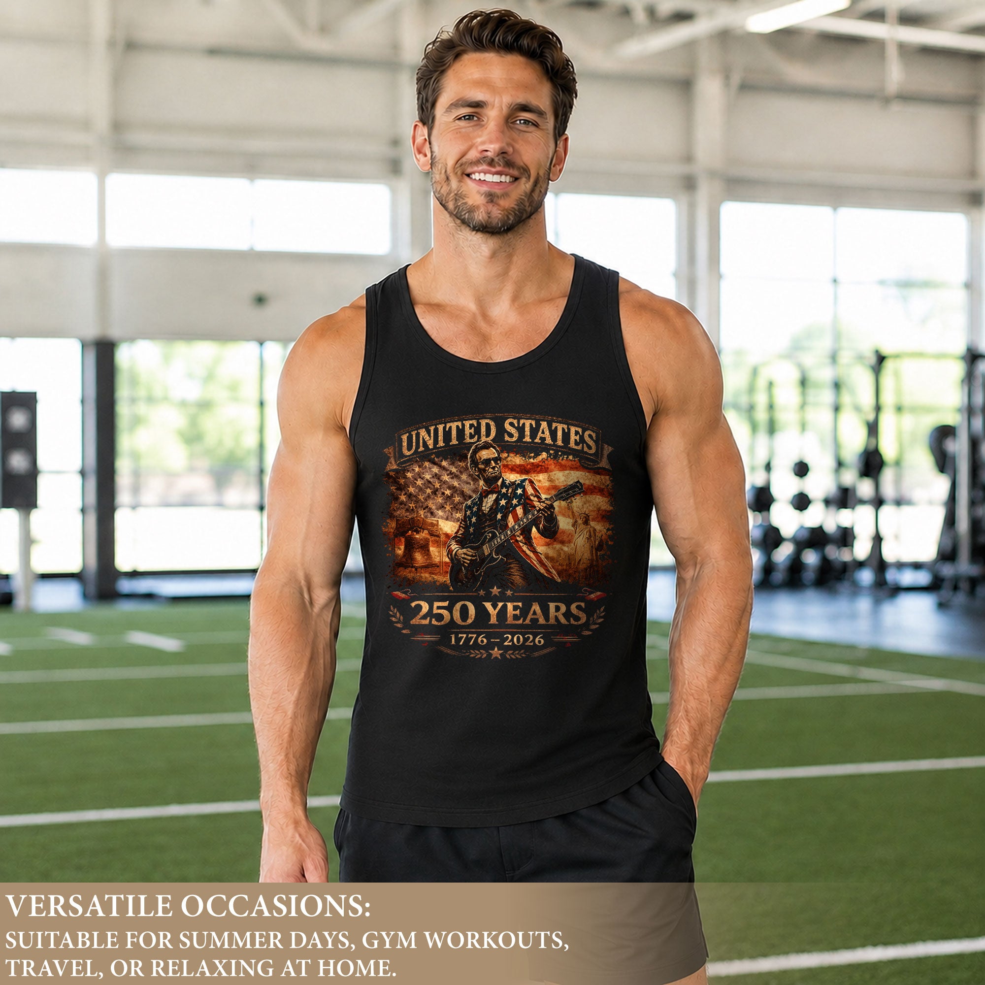 Lincoln Flag Suit Guitar Tank Top 1776-2026 Patriotic Vintage Men Graphic Sleeveless Shirt