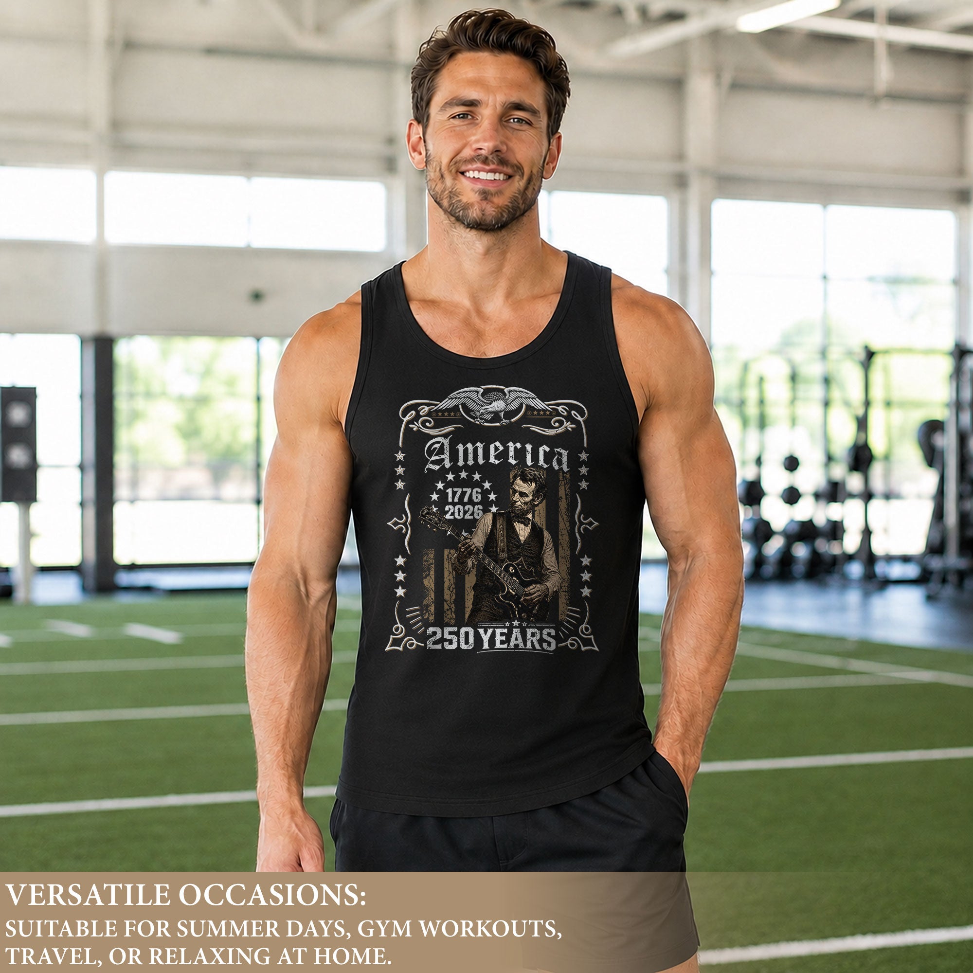 Lincoln Guitar Frame Tank Top 1776-2026 Patriotic Vintage Men Graphic Sleeveless Gym Shirt