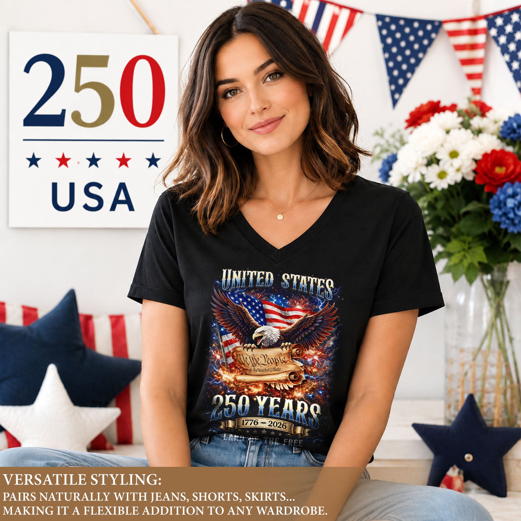 United States 250 Years Womens V Neck Shirt Retro We The People Firework Eagle Top