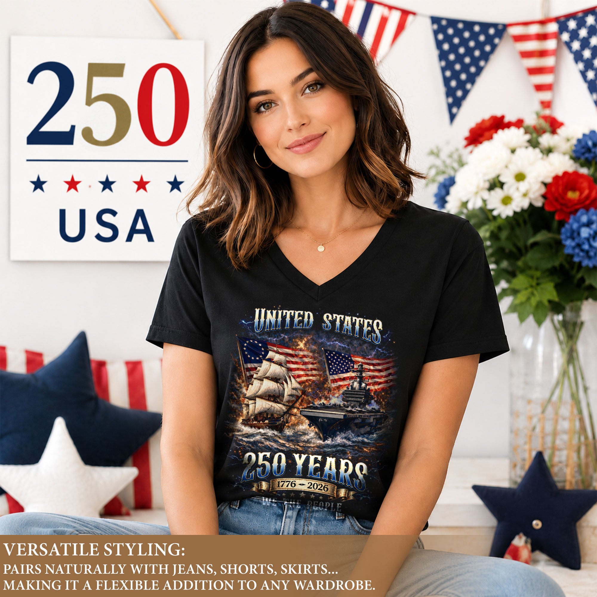 Patriotic Ship Womens V Neck Shirt Cool Military Flag Vintage 250 Years 1776 2026 Tee