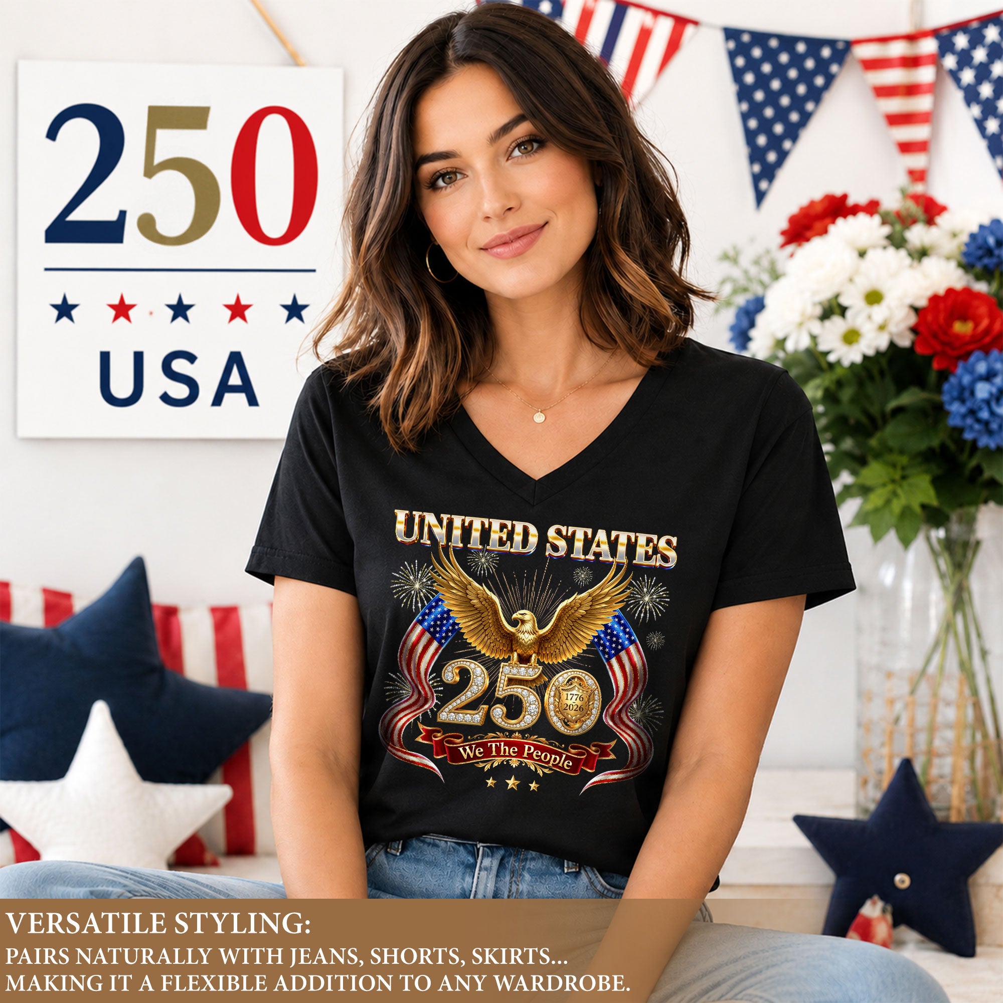 United States 250 Year Anniversary T Shirt Patriotic American V Neck Graphic Tee Unisex