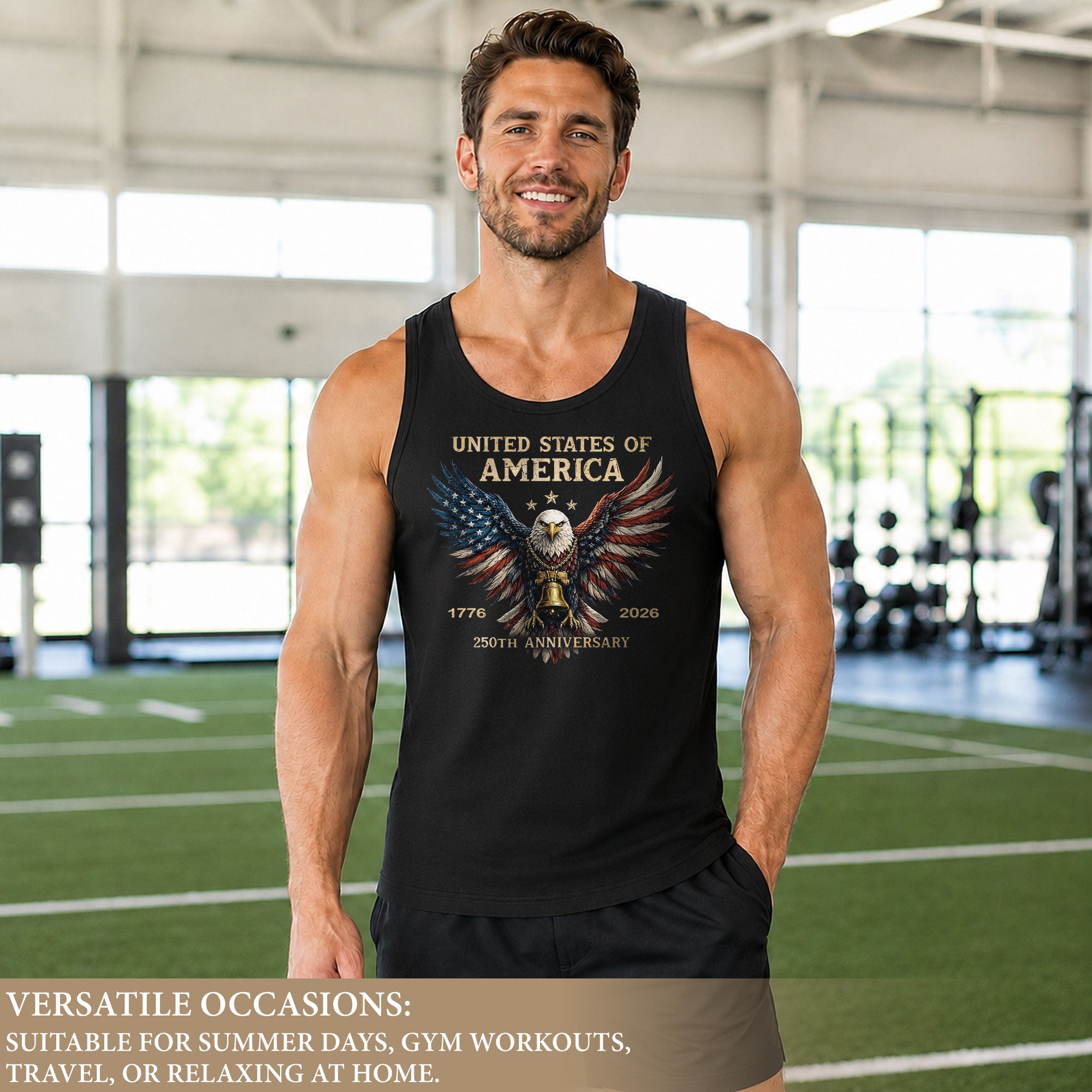 Men Tank Top Patriotic Bald Eagle Liberty Bell 1776-2026 250th Anniversary Flag Wings Vest