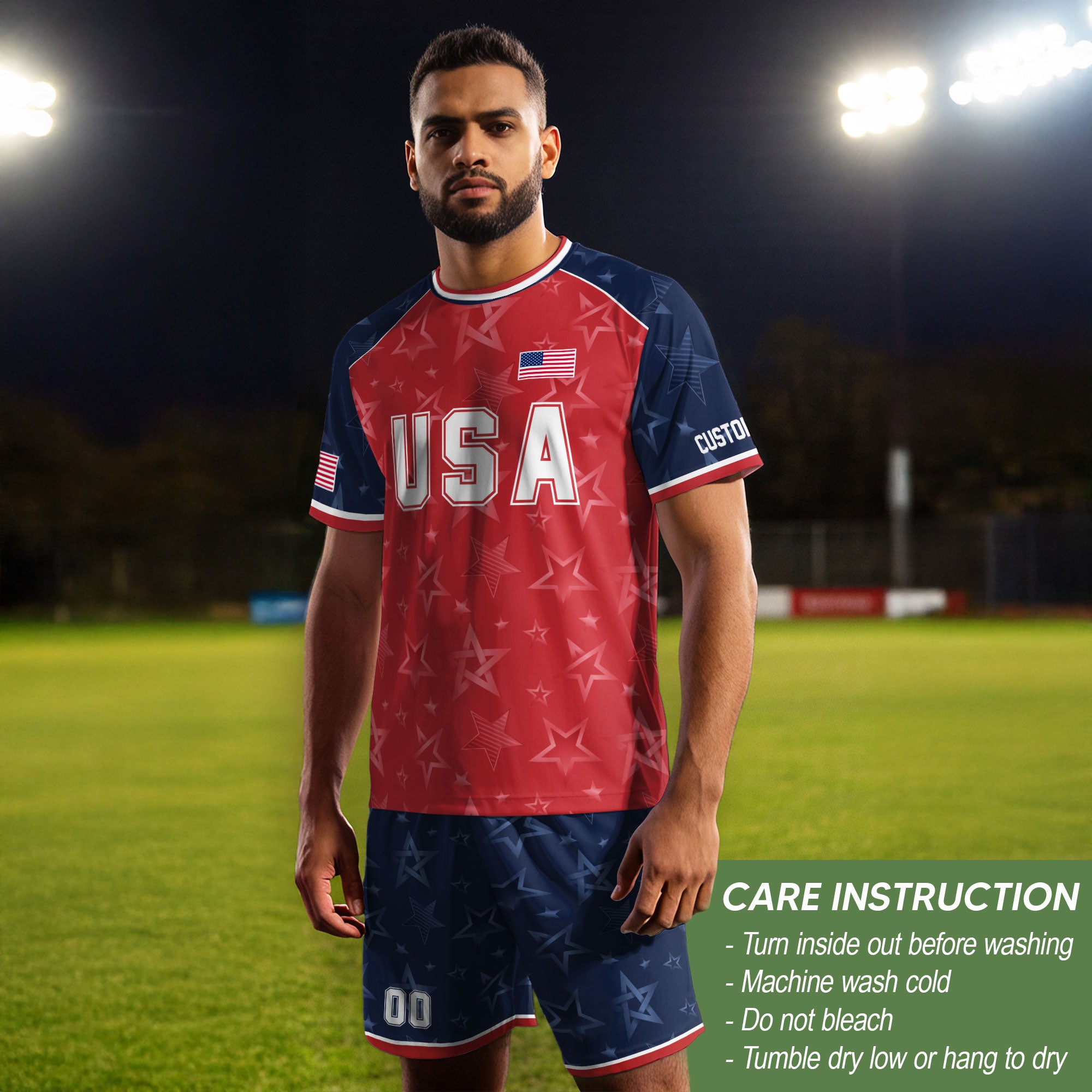 Custom Name Number USA Soccer Jersey Red Raglan Patriotic Stars Football Team Shirt
