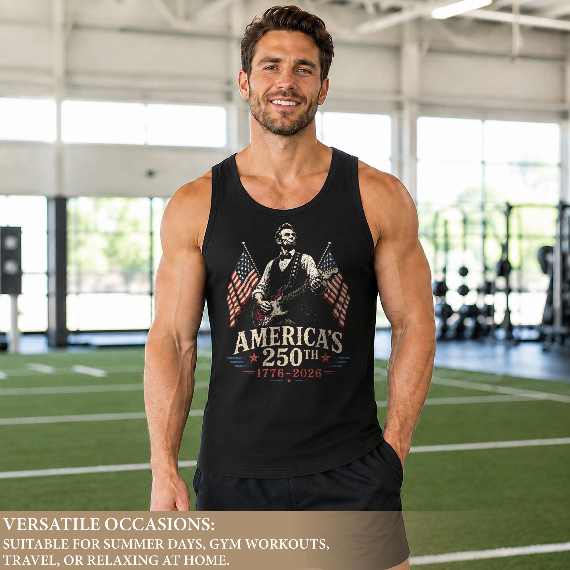 Lincoln Rock Guitar Men Tank Top Vintage 1776-2026 Patriotic Sleeveless Shirt