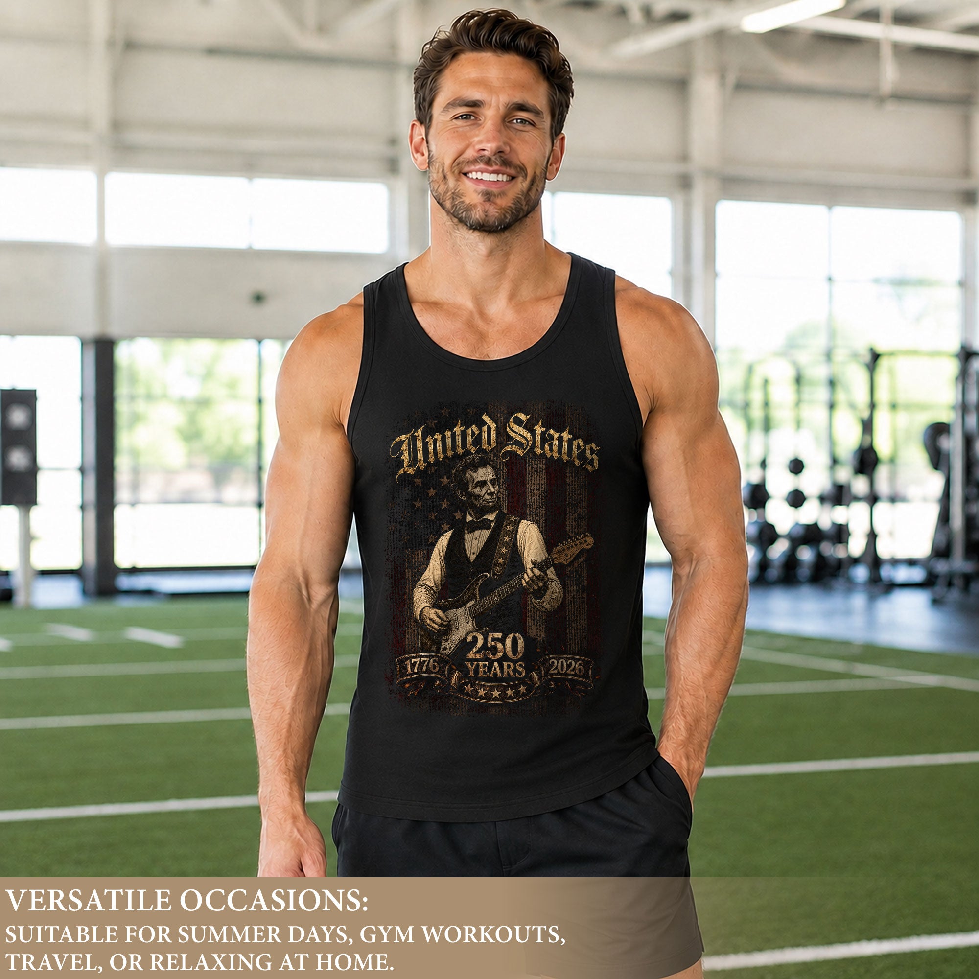 Abraham Lincoln Guitar Tank Top 1776-2026 Patriotic Vintage Men Graphic Shirt