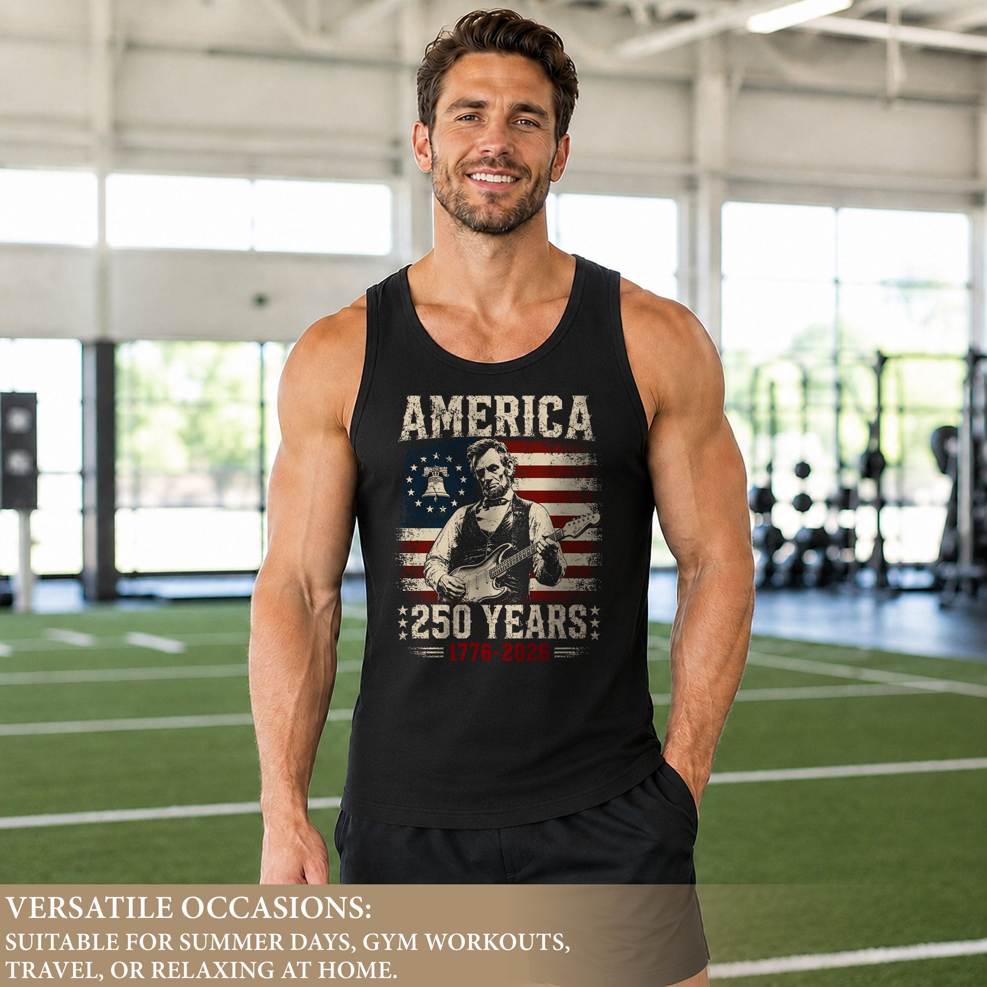 Lincoln Liberty Bell Guitar Tank Top 1776-2026 Patriotic Vintage Men Graphic Shirt