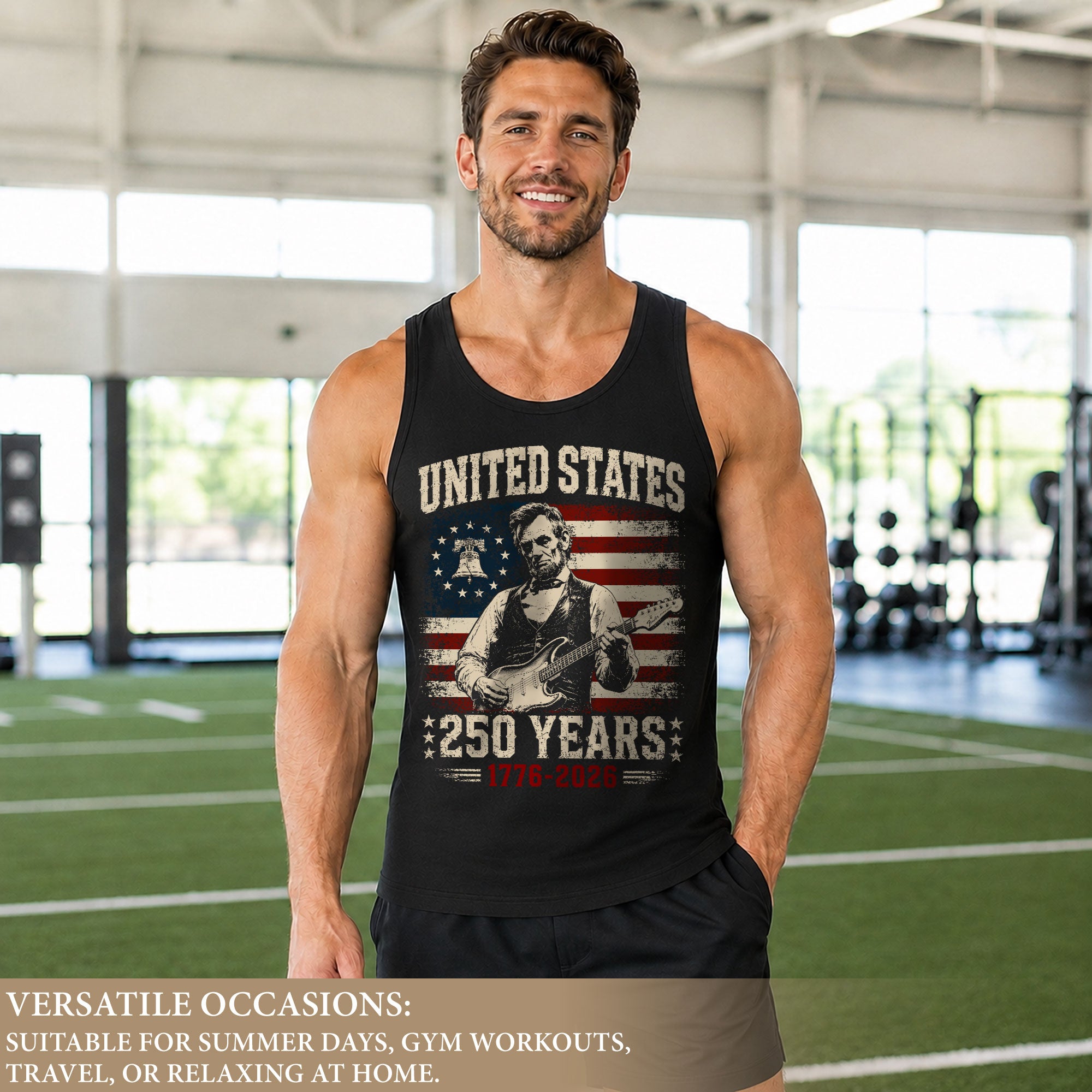 Lincoln Liberty Bell Guitar Tank Top 1776-2026 Patriotic Vintage Men Graphic Shirt