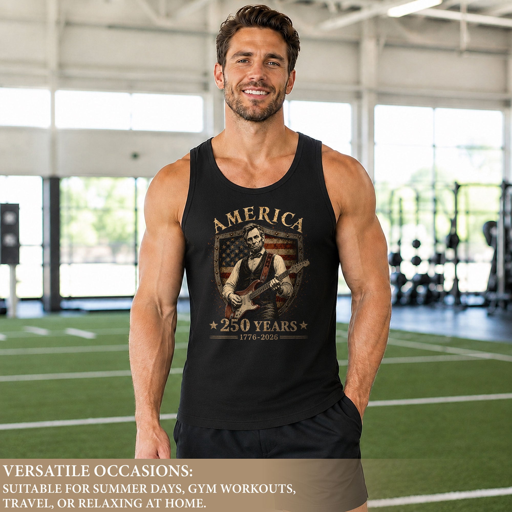 Lincoln Shield Guitar Tank Top 1776-2026 Patriotic Vintage Men Graphic Sleeveless Shirt