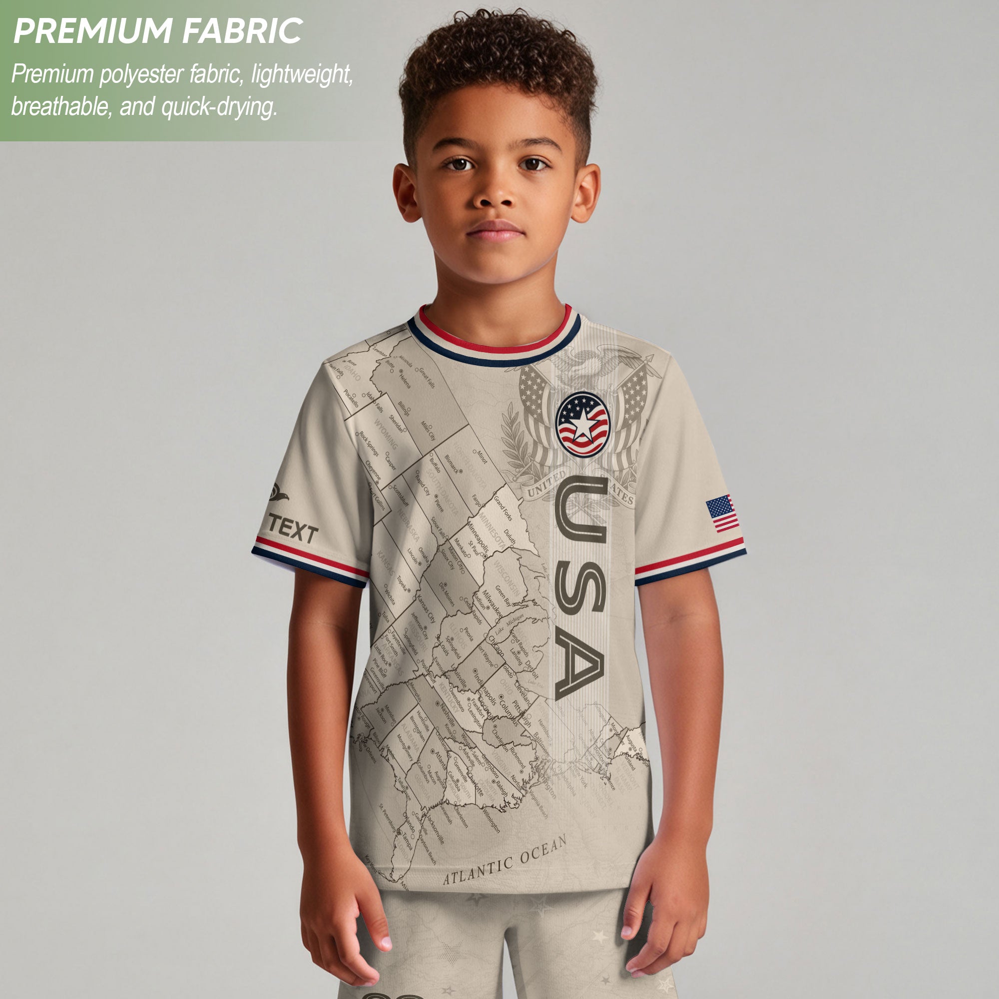 Custom Sand Beige USA Soccer Jersey and Shorts Set Kid Personalized Name and Number