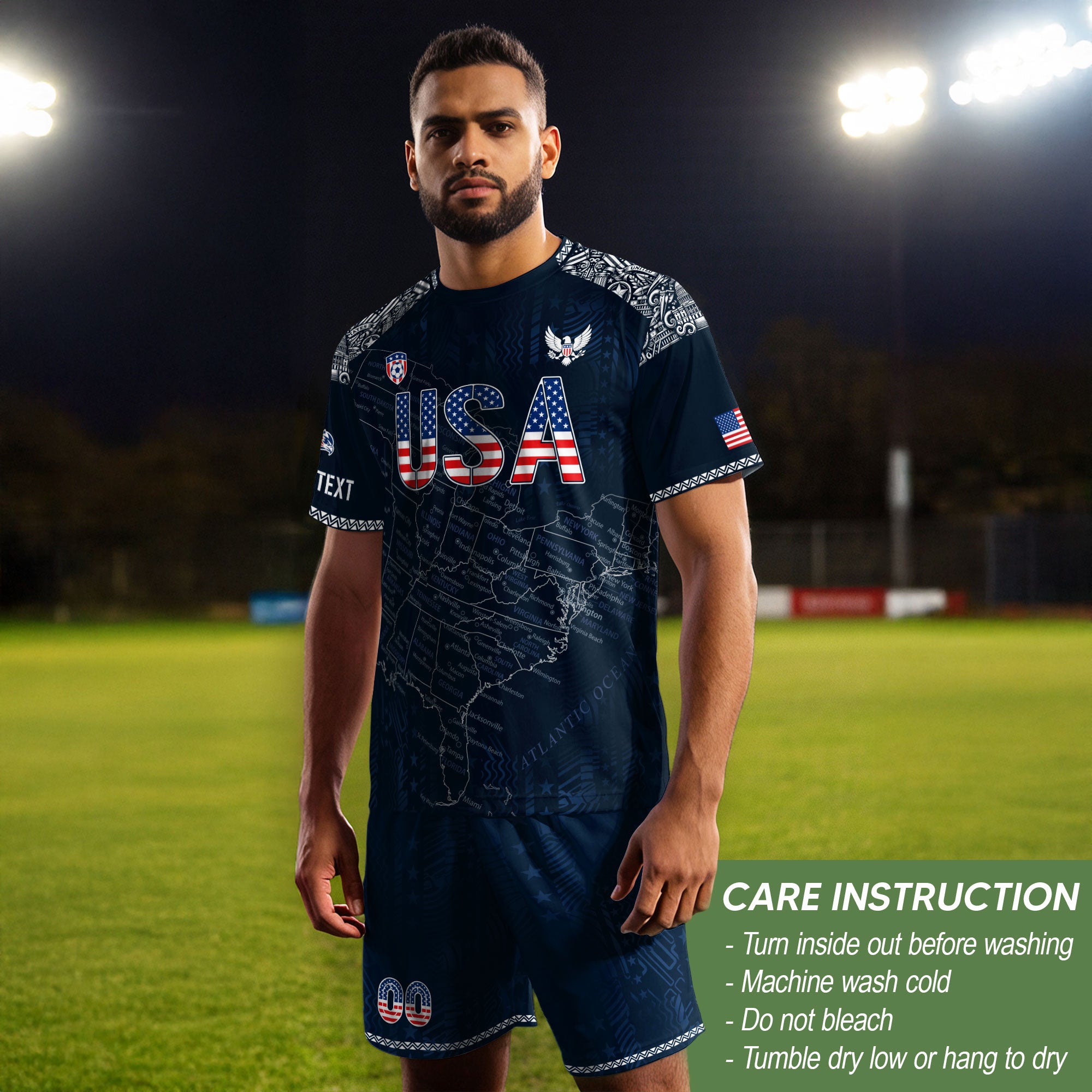 Custom Name Number USA Soccer Jersey Vintage Map Patriotic Navy Blue Football Team Shirt