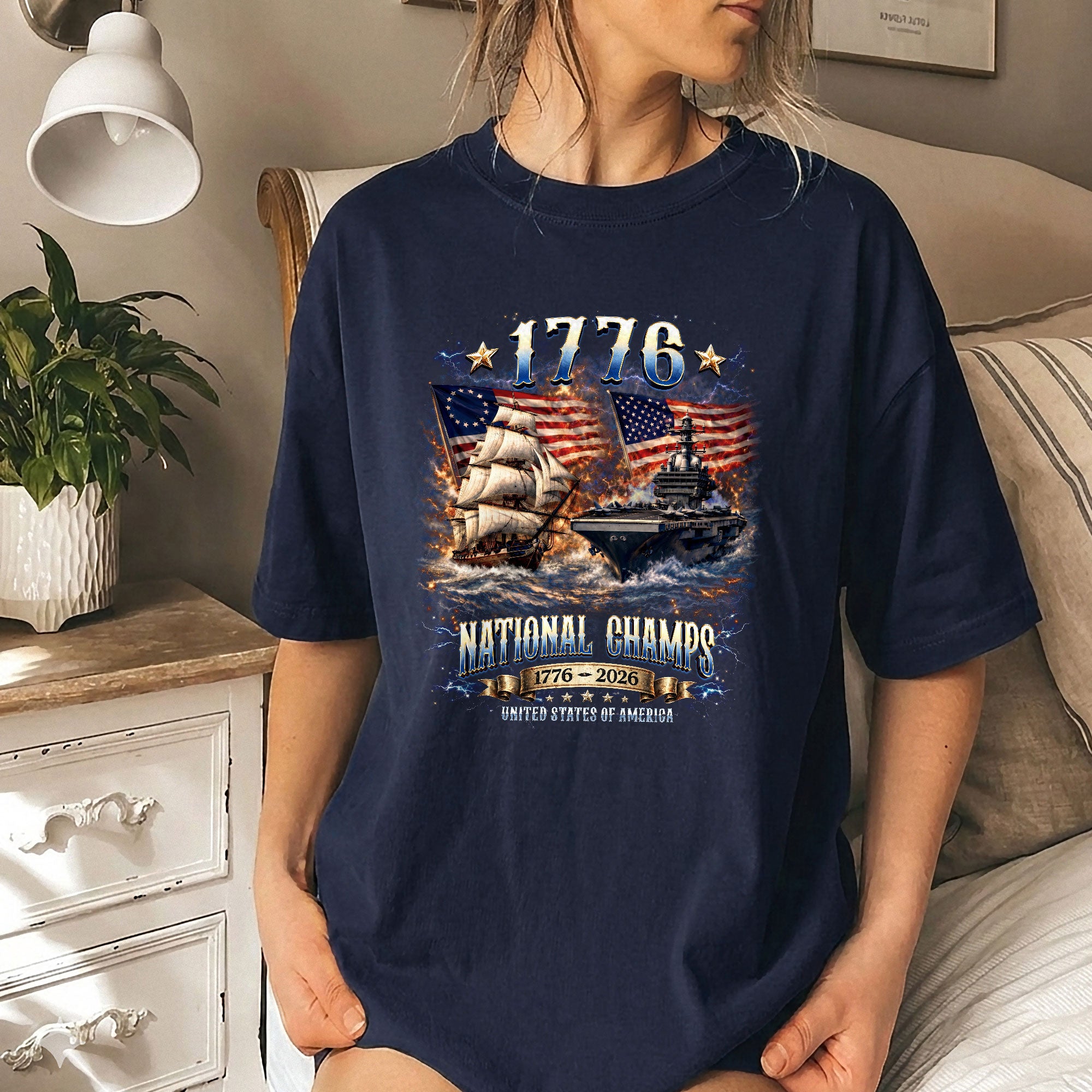 1776 National Champs Shirt Vintage Navy Battleship Graphic Tee Patriotic 1776-2026 T-Shirt