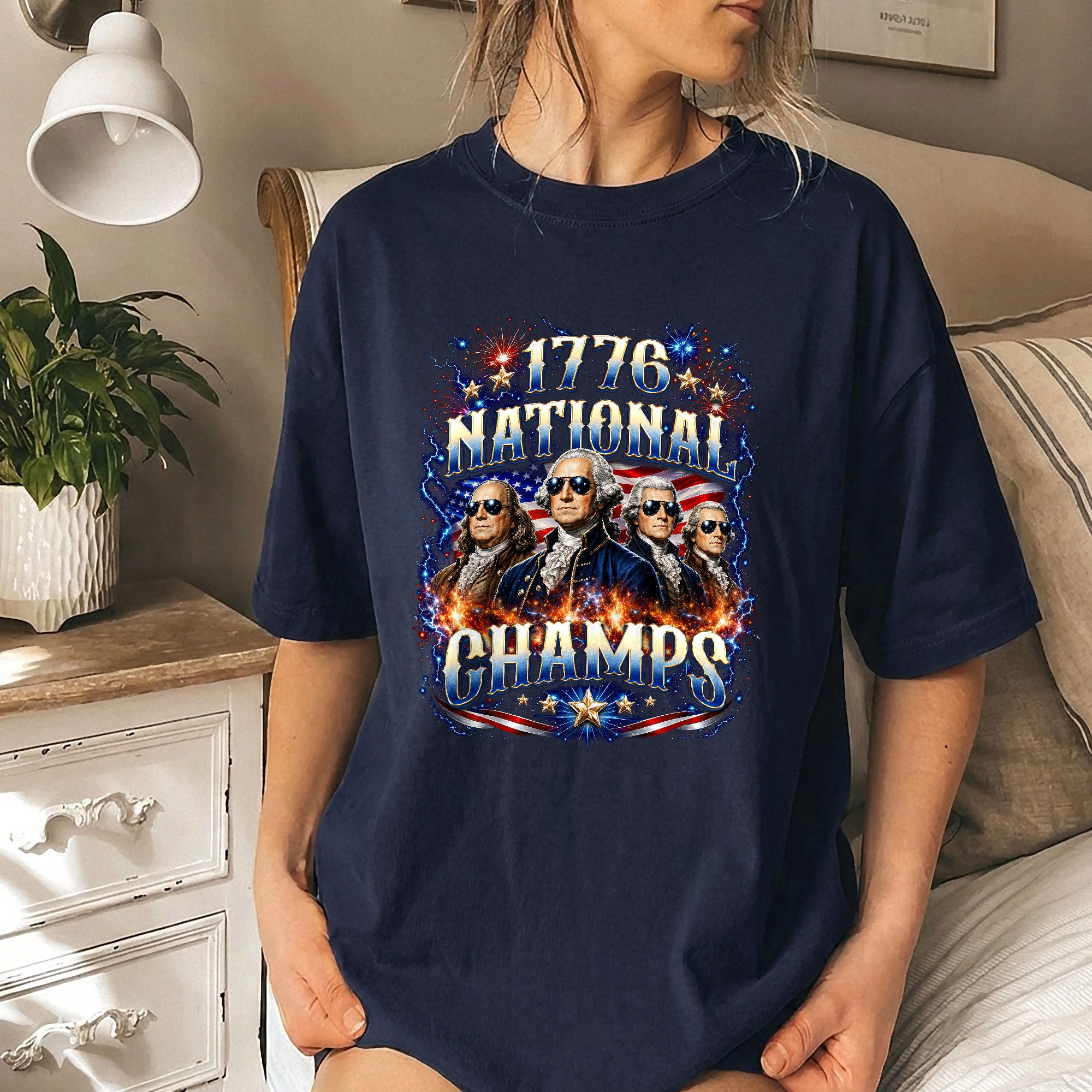 Classic 1776 National Champs Patriotic Graphic T Shirt Vintage Style Cotton Tee Top