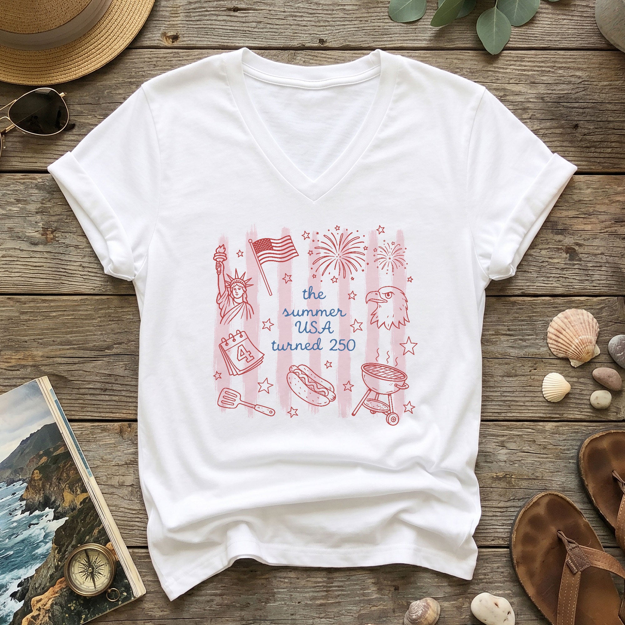 The Summer USA Turned 250 V-Neck Shirt Patriotic Women's Holiday Graphic Tee 2026