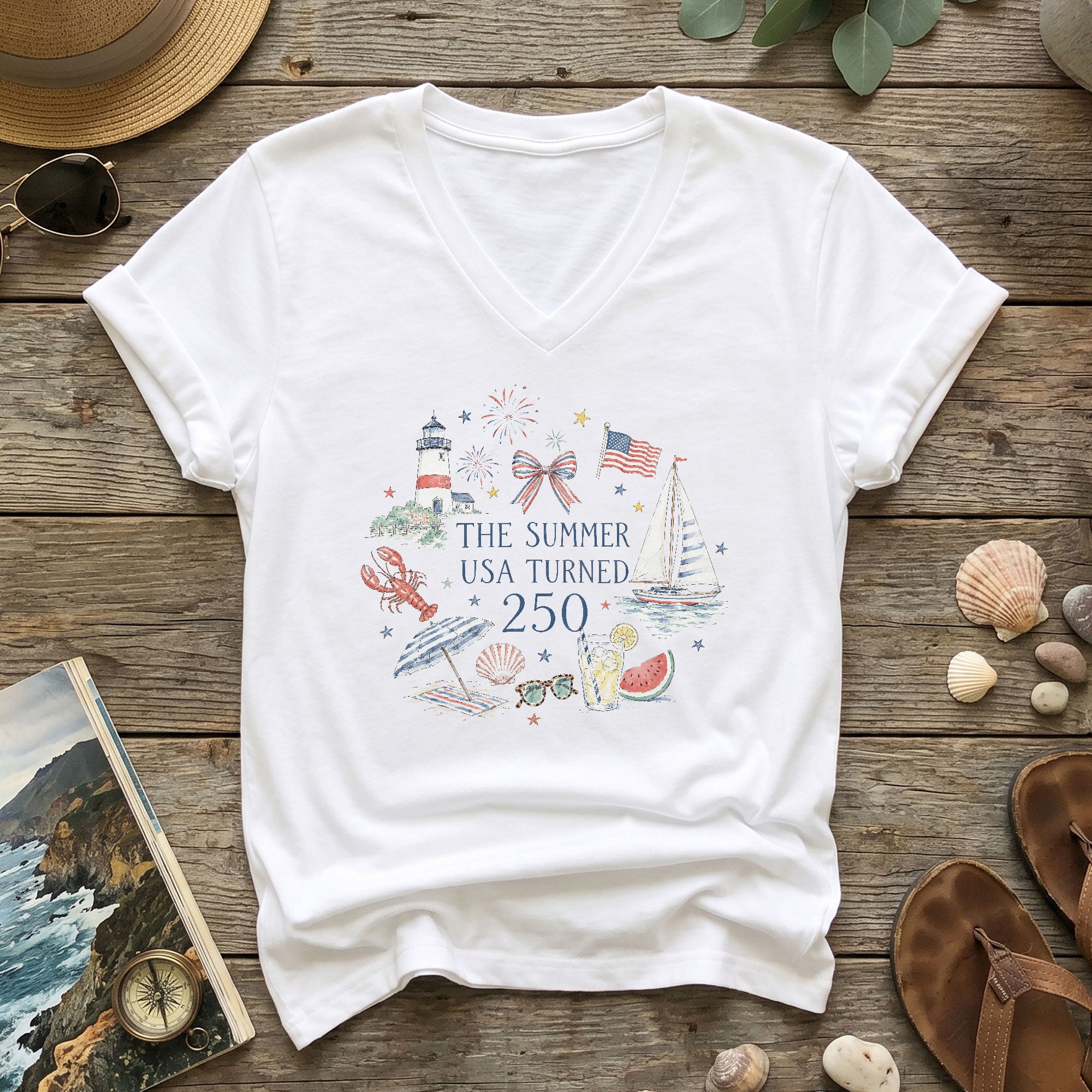 Women's V-Neck Patriotic The Summer USA Turned 250 Shirt Festive Graphic Tee Gift
