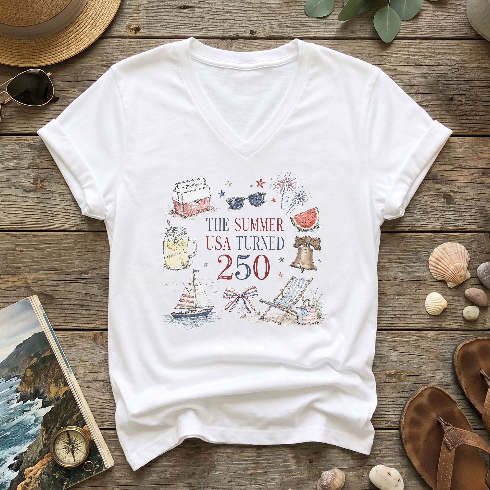 Casual V-Neck The Summer USA Turned 250 Tee Patriotic Summer Celebration Gift