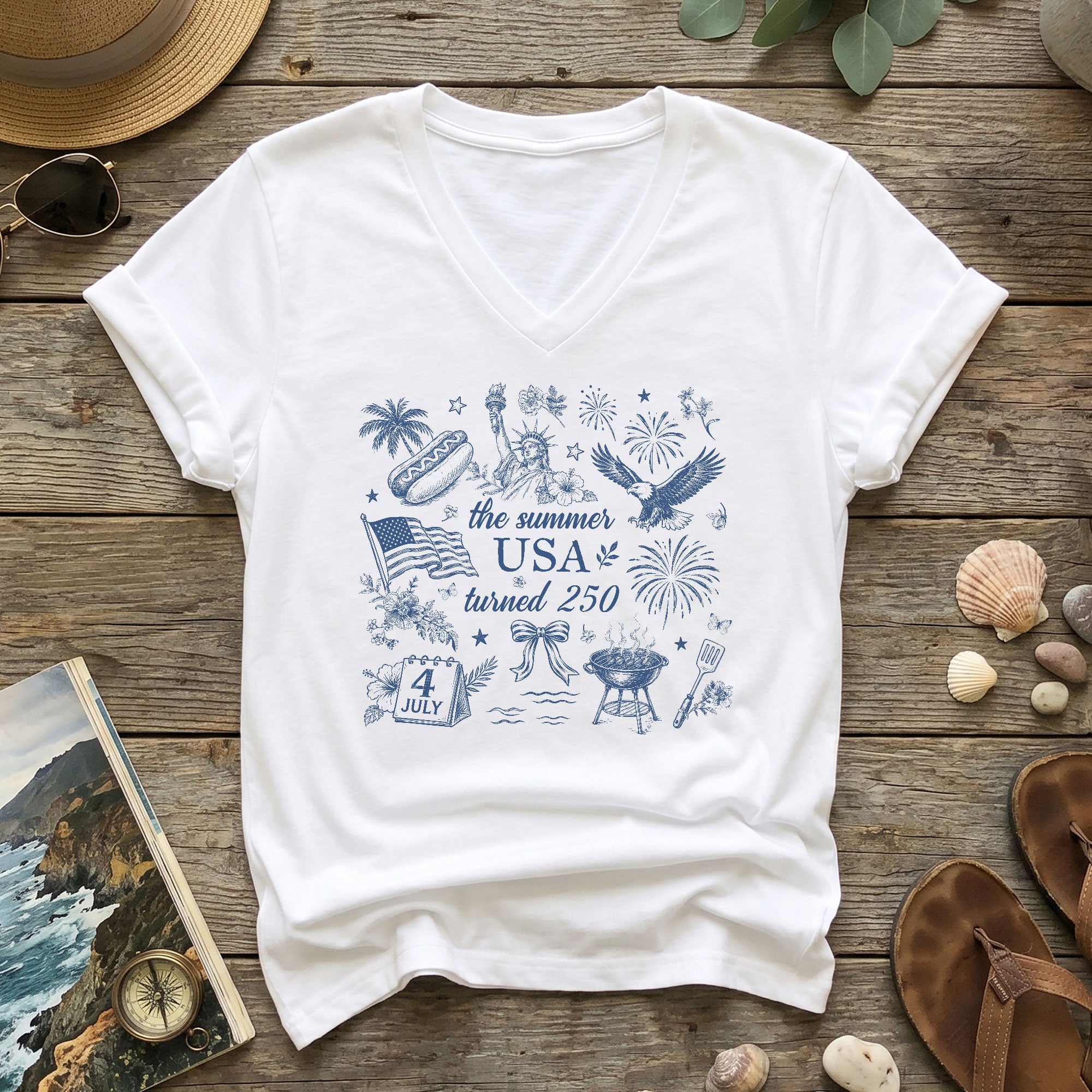250th Anniversary V-Neck Tee Patriotic Women's The Summer USA Turned 250 Shirt