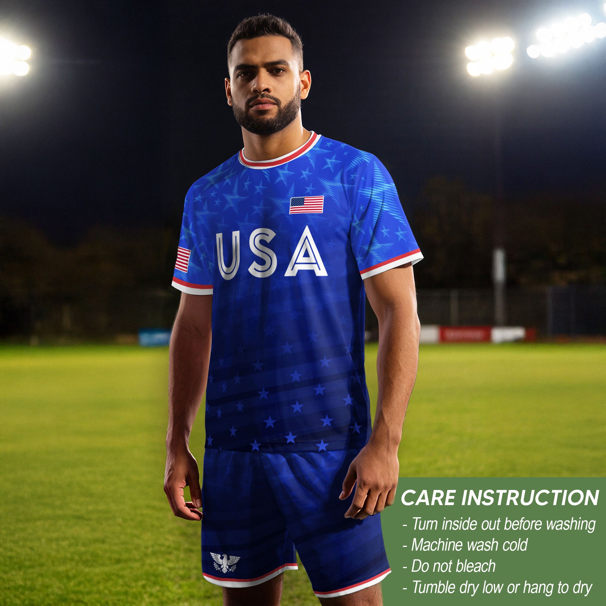 USA Soccer Jersey Adult Blue Patriotic Stars Shirt American Football Team Tee - Rust Field Wear